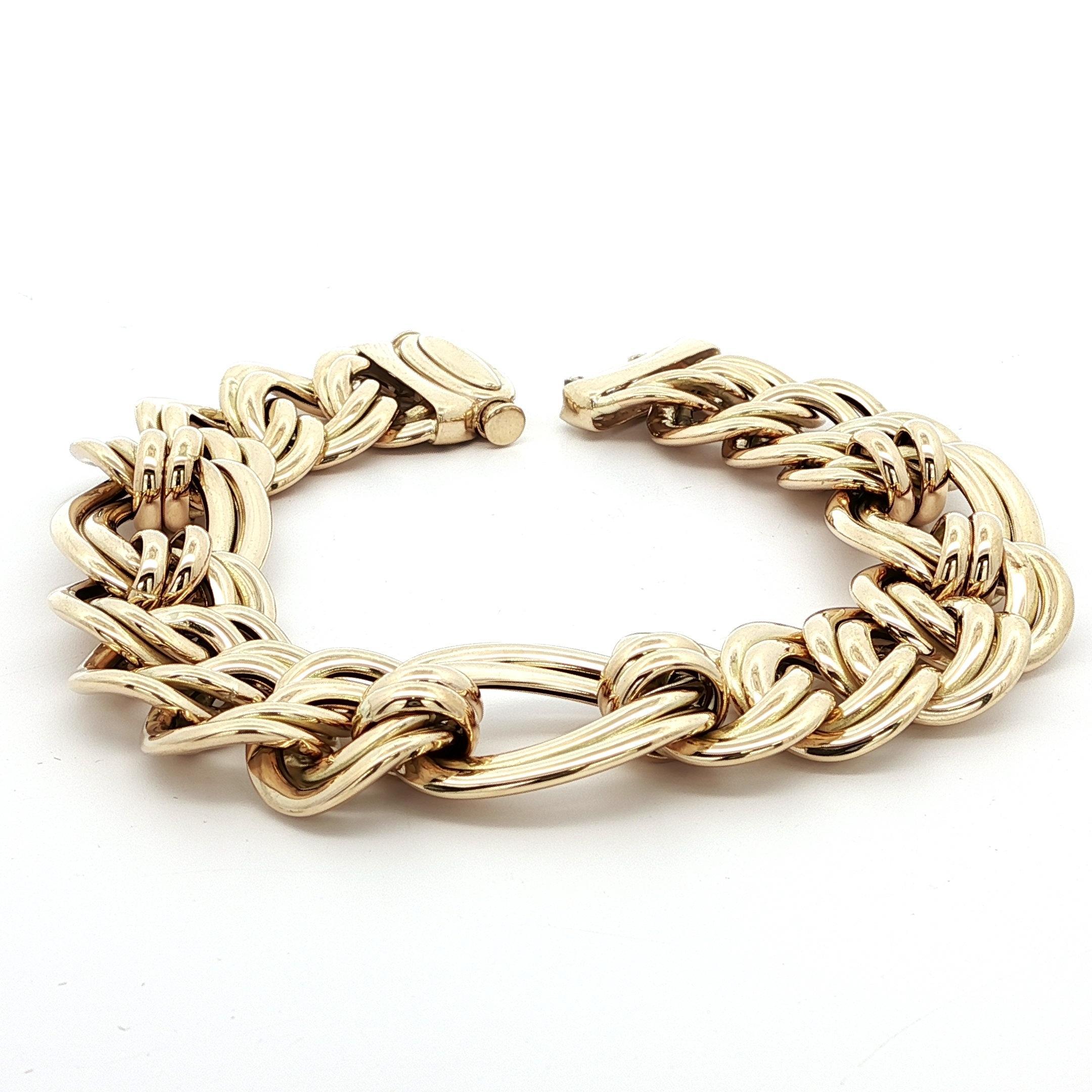 Bracciale italiano in oro giallo 14k con maglie larghe e intrecciate a doppia fantasia A Link Figaro In condizioni ottime in vendita a Montclair, NJ