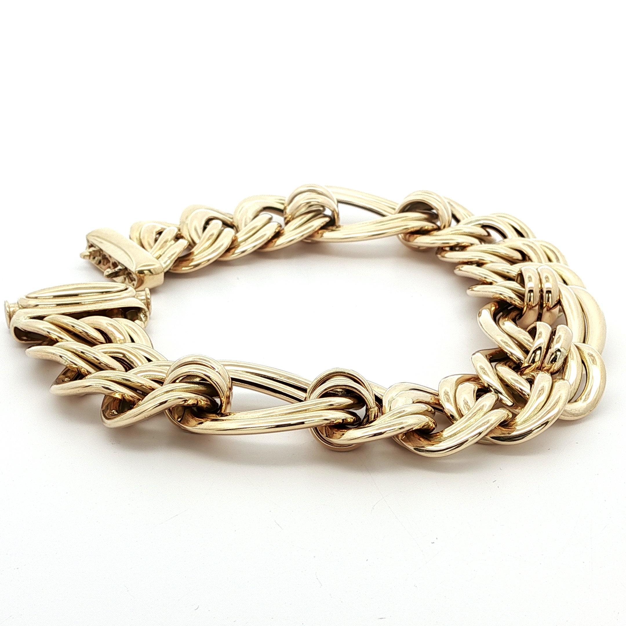 da uomo o donna Bracciale italiano in oro giallo 14k con maglie larghe e intrecciate a doppia fantasia A Link Figaro in vendita