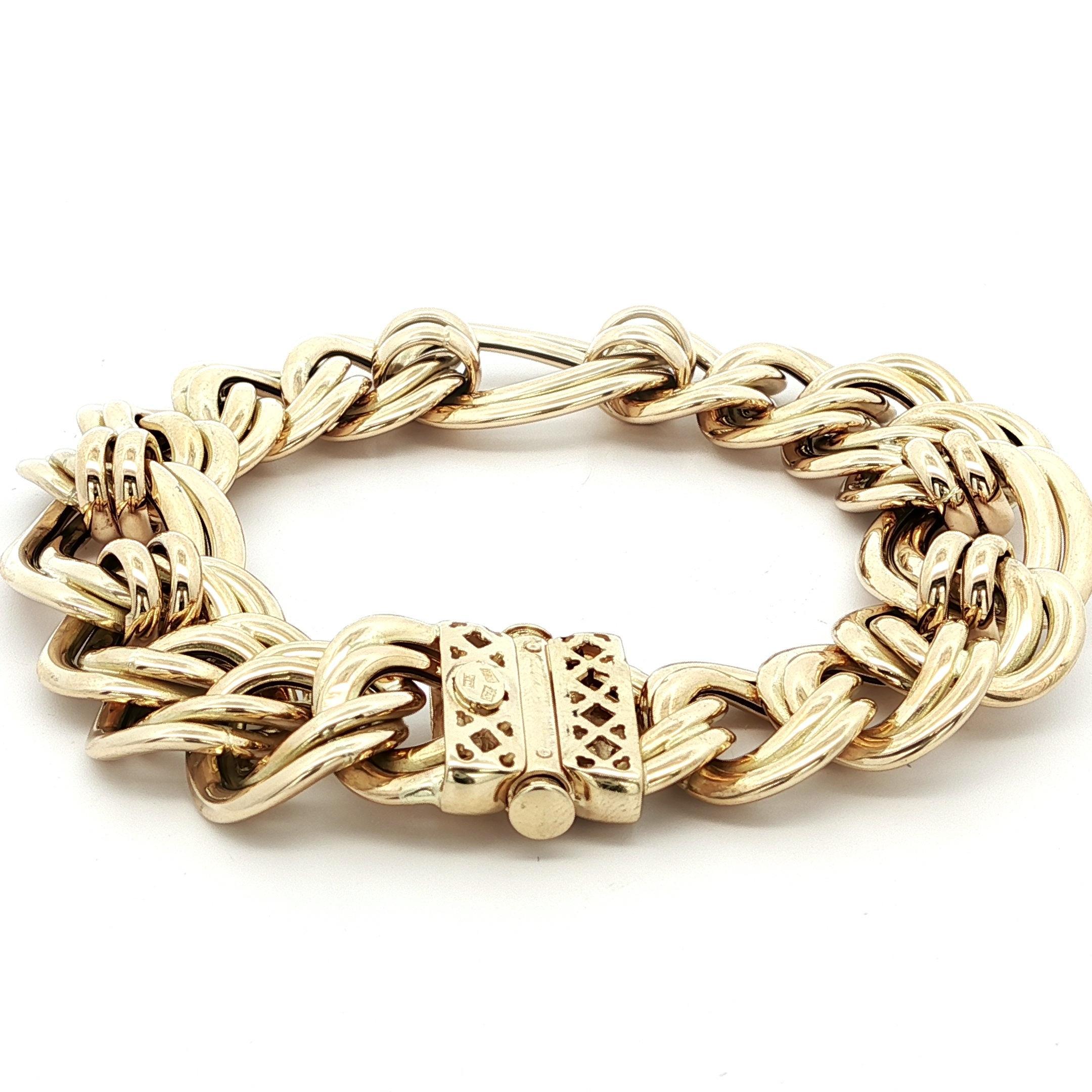 Bracciale italiano in oro giallo 14k con maglie larghe e intrecciate a doppia fantasia A Link Figaro in vendita 2