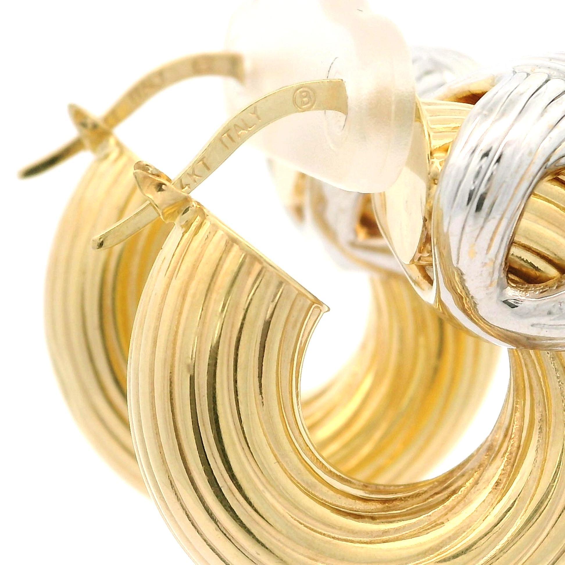 Italian 14k Yellow & White Gold Textured Grooved X Design Hoop Earrings For Sale 6