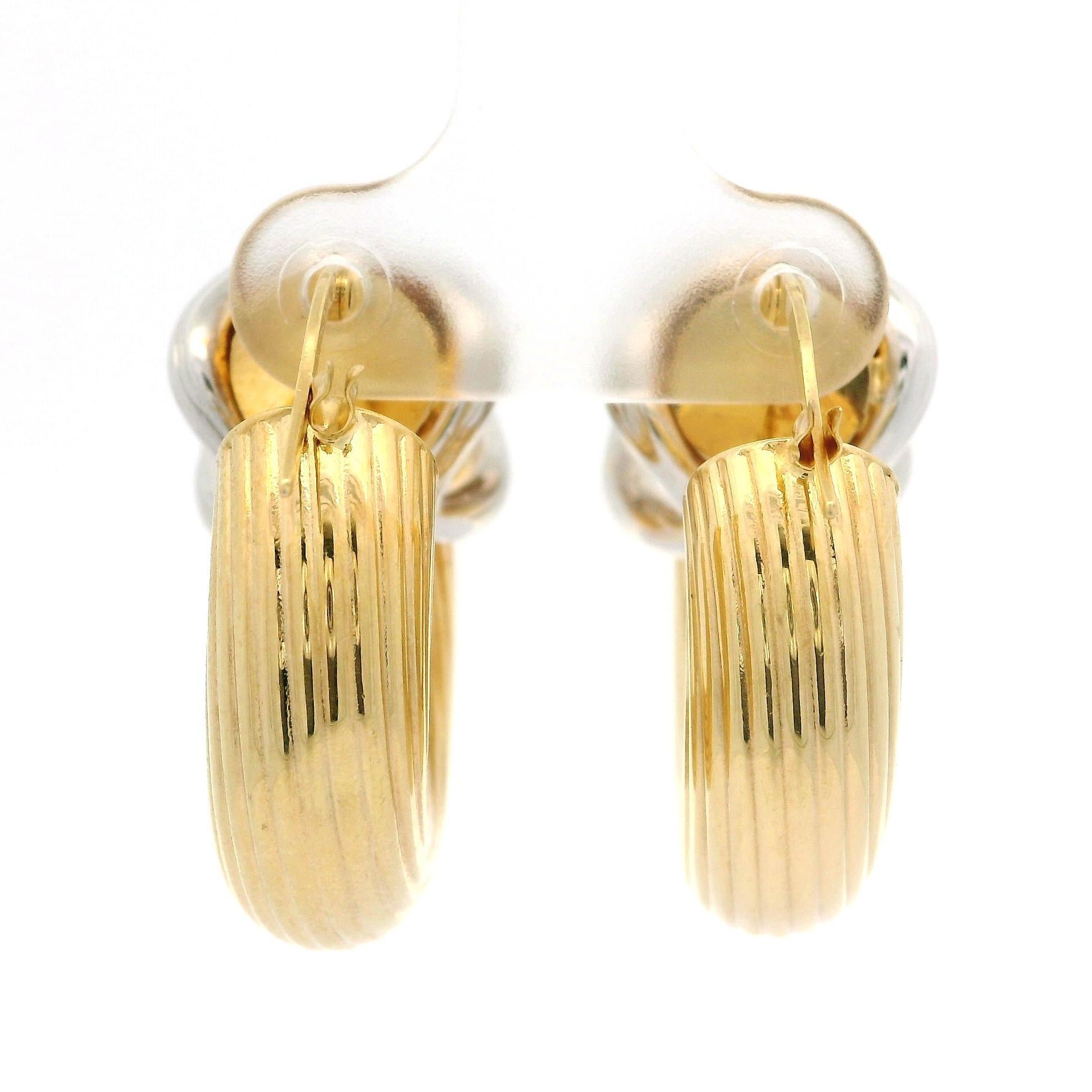 Italian 14k Yellow & White Gold Textured Grooved X Design Hoop Earrings For Sale 7