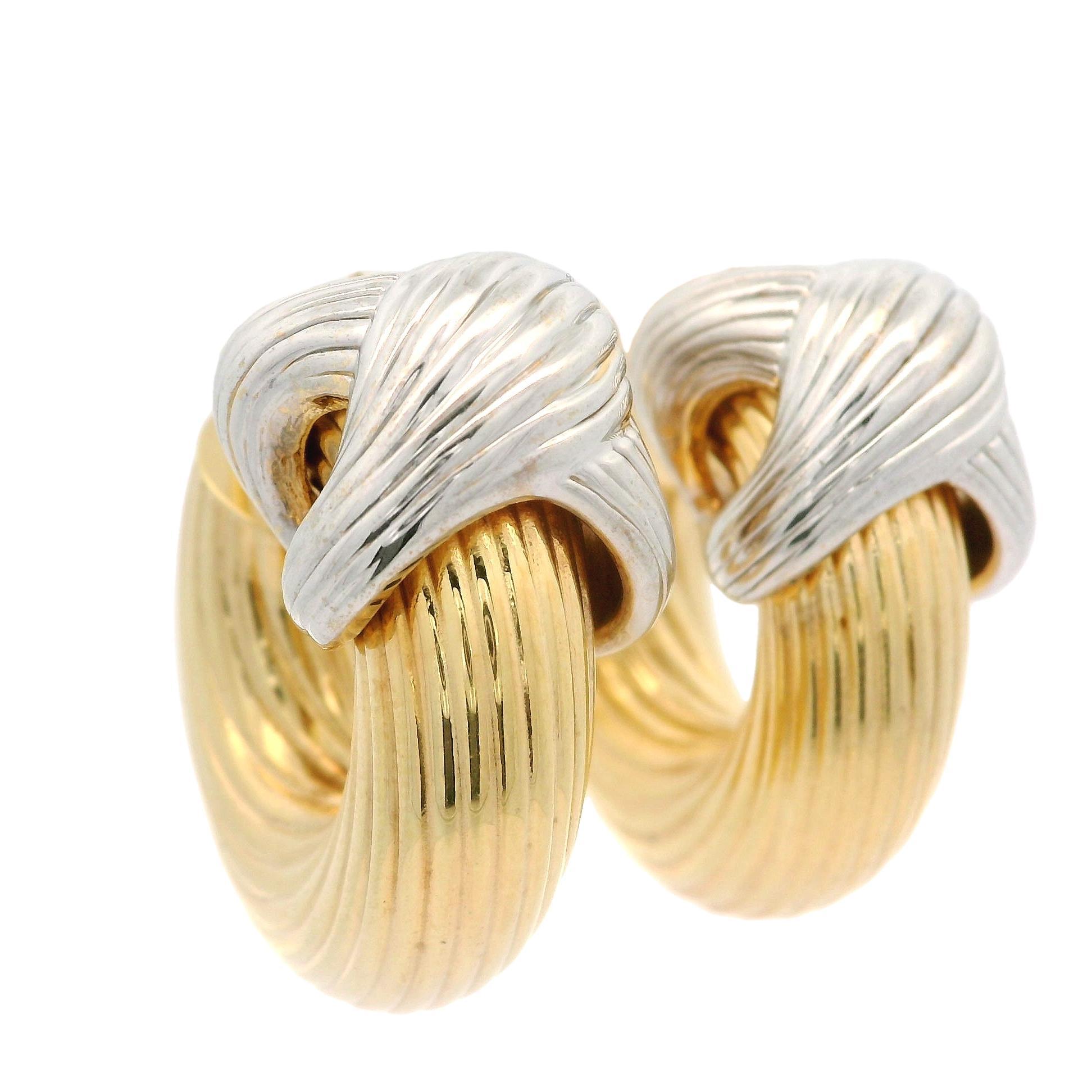 Italian 14k Yellow & White Gold Textured Grooved X Design Hoop Earrings For Sale 9