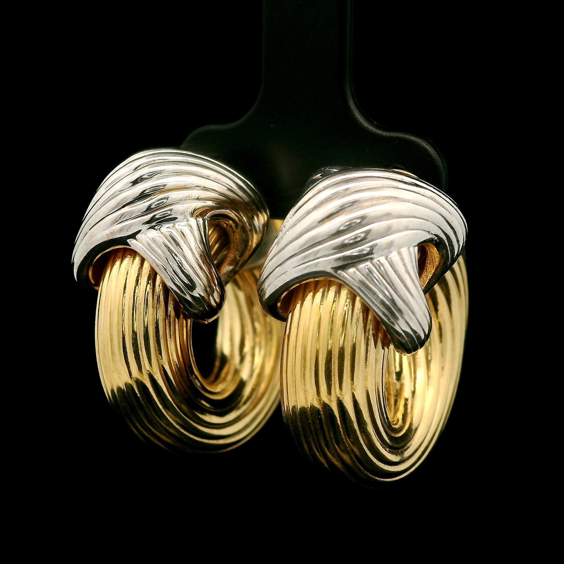 Italian 14k Yellow & White Gold Textured Grooved X Design Hoop Earrings In Excellent Condition For Sale In Montclair, NJ