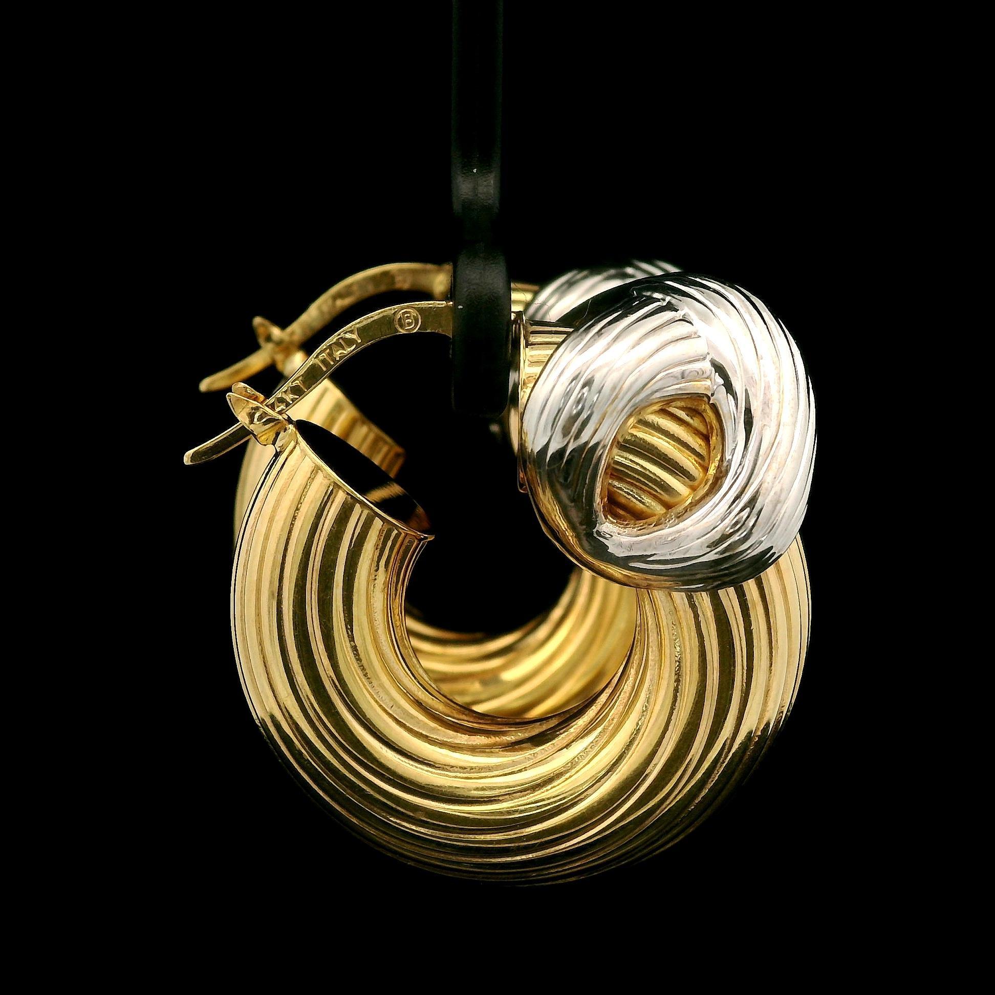Italian 14k Yellow & White Gold Textured Grooved X Design Hoop Earrings For Sale 1