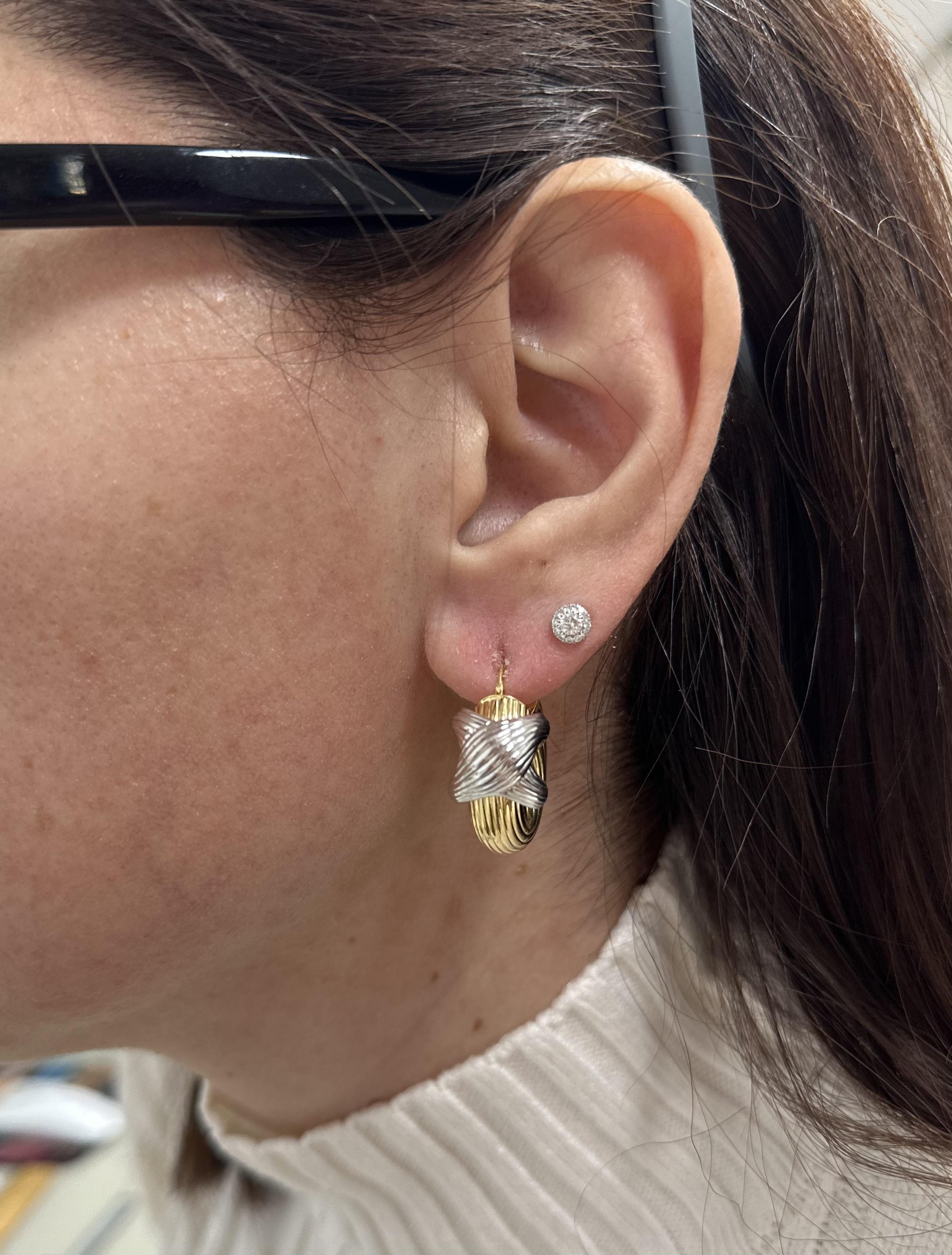 Italian 14k Yellow & White Gold Textured Grooved X Design Hoop Earrings For Sale 2
