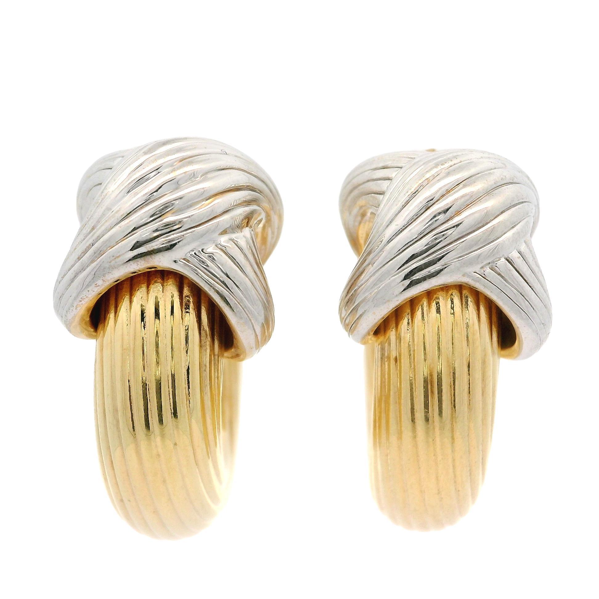 Italian 14k Yellow & White Gold Textured Grooved X Design Hoop Earrings For Sale 3