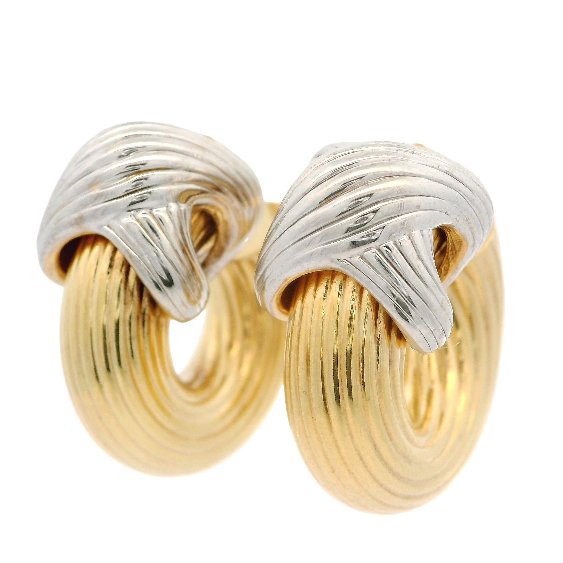 Italian 14k Yellow & White Gold Textured Grooved X Design Hoop Earrings For Sale 4