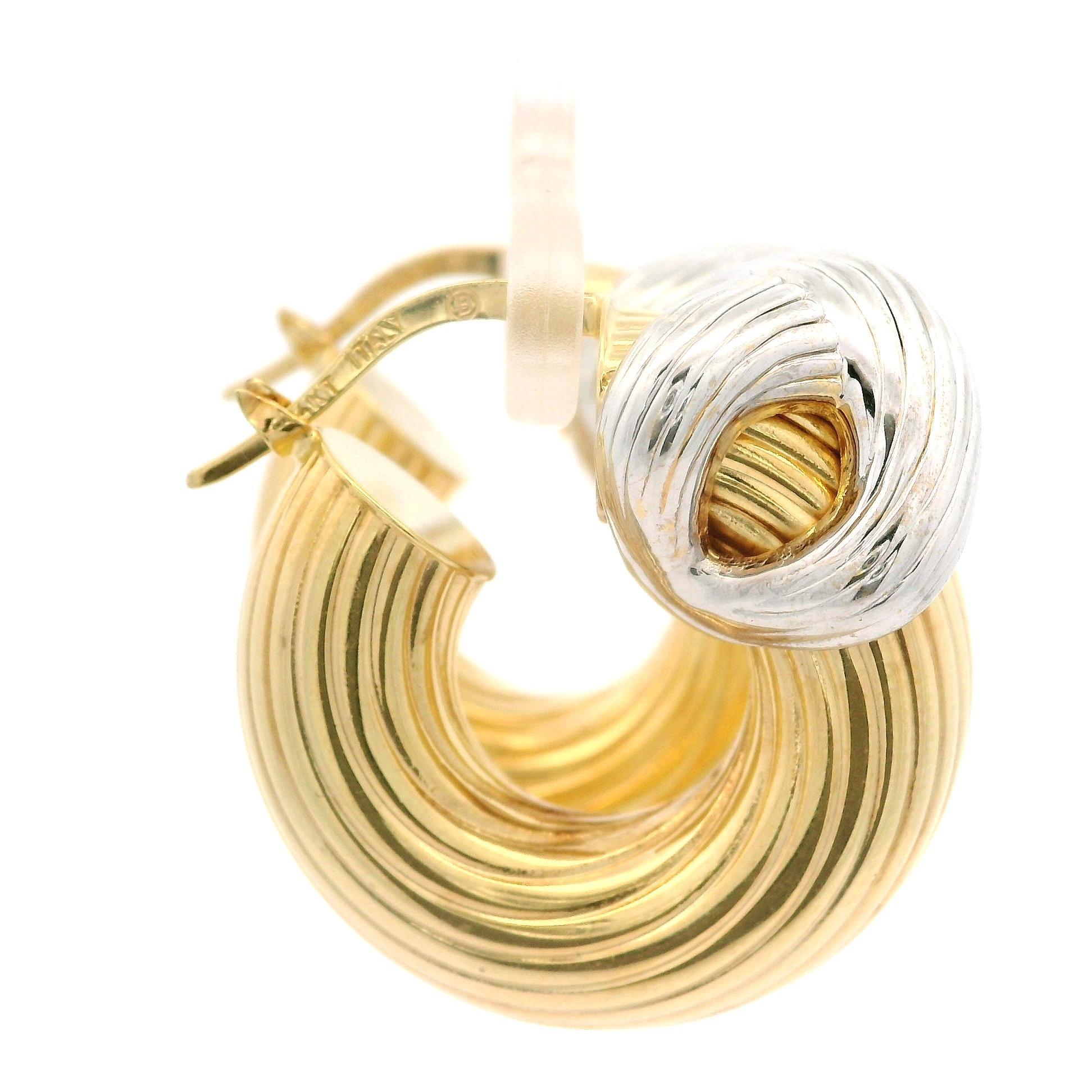 Italian 14k Yellow & White Gold Textured Grooved X Design Hoop Earrings For Sale 5