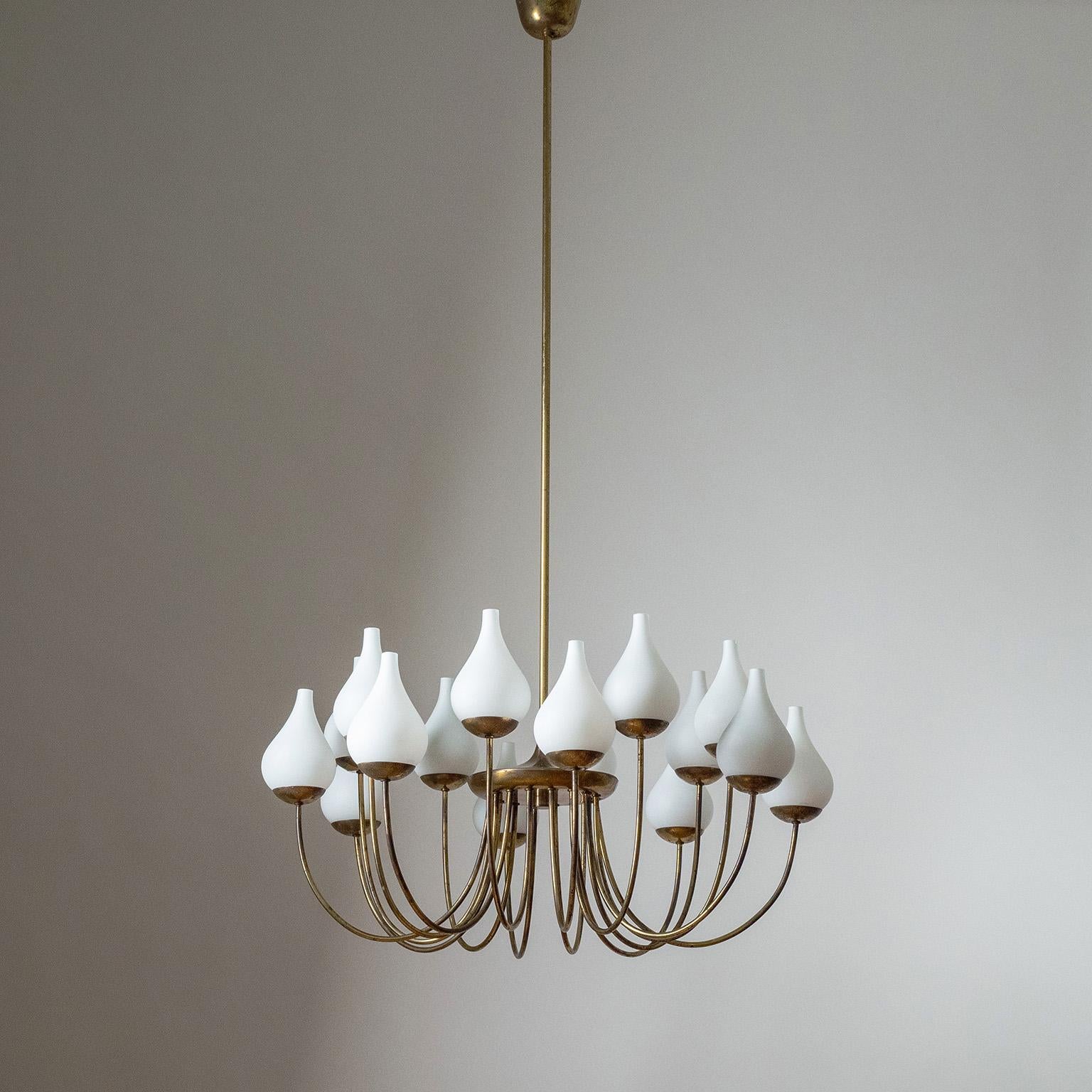Rare Italian 16-arm brass chandelier from the 1950s. Curved brass arms, each with an onion-shaped satin glass diffuser. Original brass E14 sockets with new wiring.
Measures: Height 146cm (57.5″), Body Height 41cm (16″), Diameter 82cm (32″), Canopy