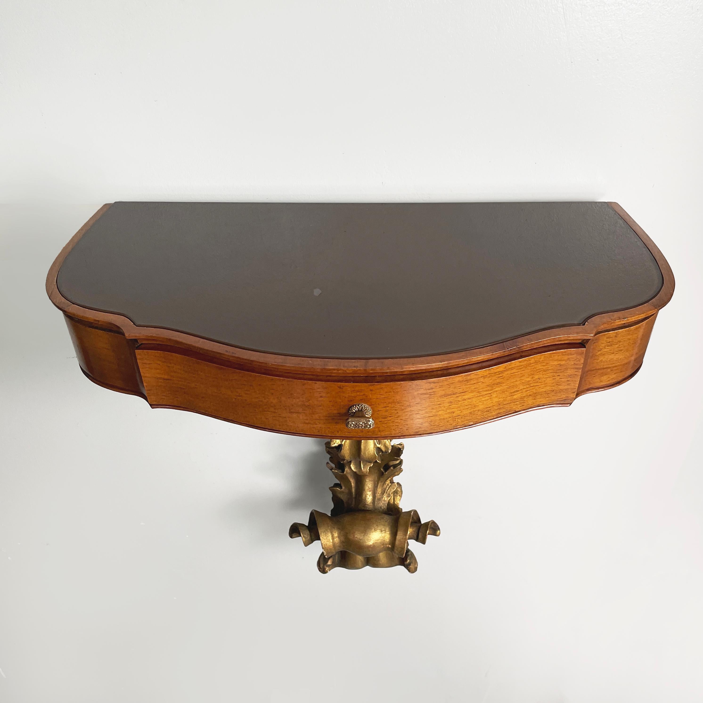 Brass Italian 1600s style Bedside tables in golden finish wood, brass and glass, 1900s