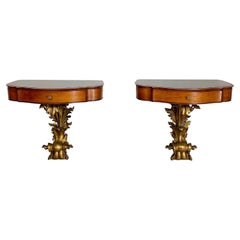 Antique Italian 1600s style Bedside tables in golden finish wood, brass and glass, 1900s