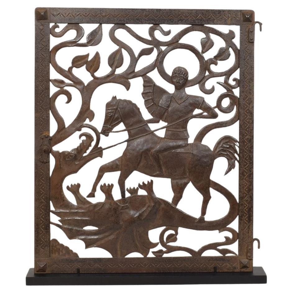 Antique Italian Iron Small Door Depicting Saint George, Circa 1500-1700 For Sale