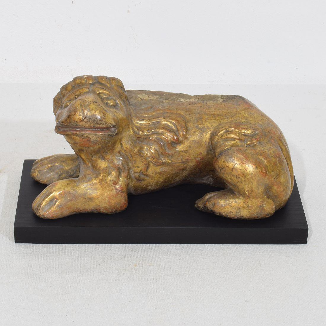 Unique period piece. Extremely rare 16th century Italian hand carved lion. Most likely once part of a piece of furniture. Beautifully carved in a simple folk art way with traces of its original gilding. Italy circa 1500-1600. Weathered Measurements