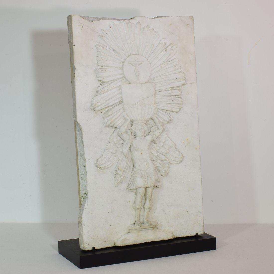 Hand-Carved Italian 17/18th Century Marble Baroque Panel with Archangel Holding a Chalice