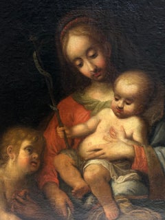 Pregevole dipinto ad olio di un antico maestro italiano del 1700 La Madonna Christ Child St. Johns