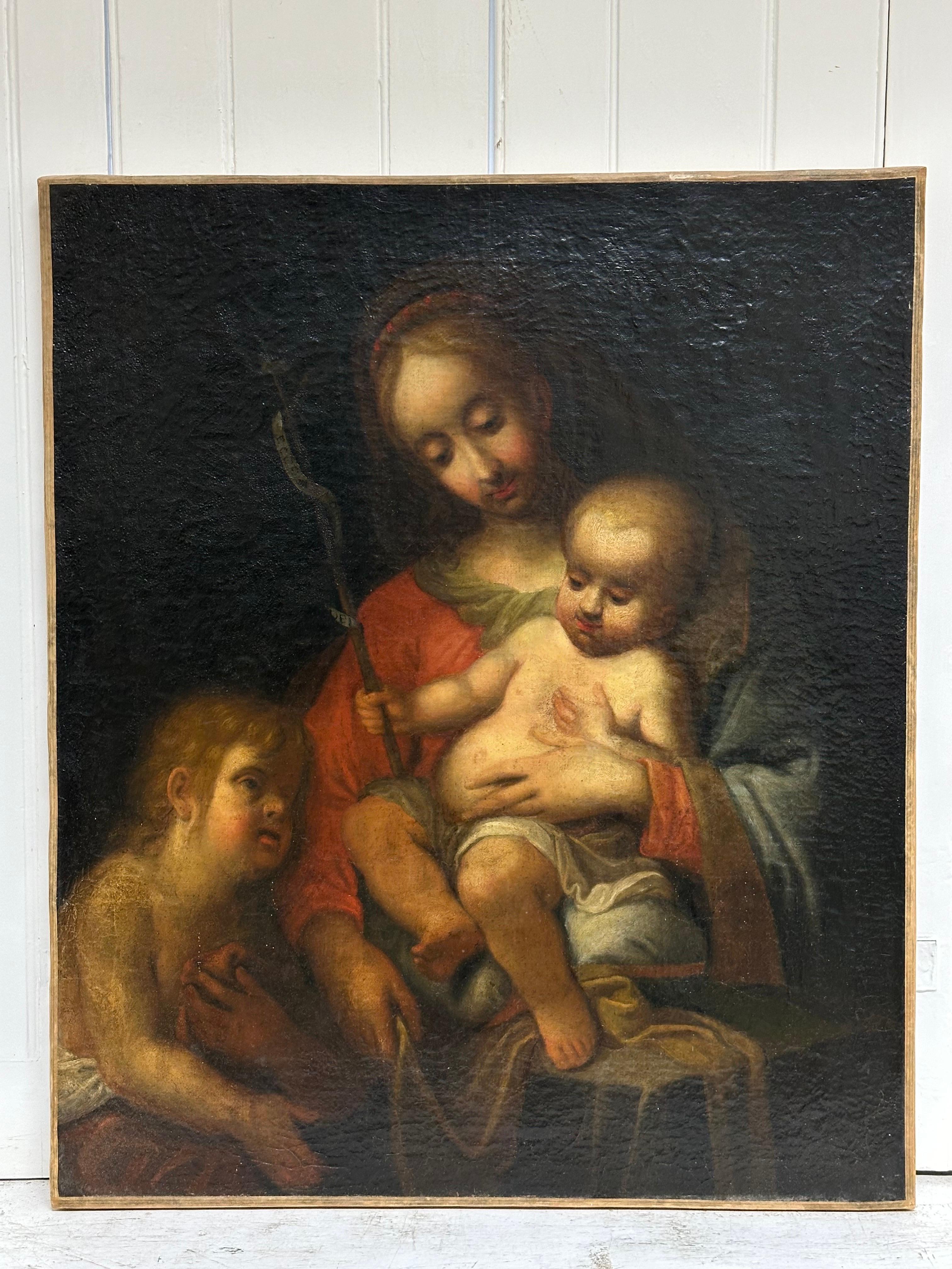 La Madone, l'Enfant Jésus et Saint Jean
Maître ancien italien, vers 1700
peinture à l'huile sur toile, non encadrée
Toile : 28.5 x 24 pouces
Condition : globalement très bon pour son âge, quelques marques et abrasions à la surface mais le tout est