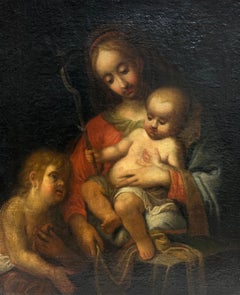 Pintura al óleo italiana al óleo c. 1700 La Virgen Cristo Niño St. John