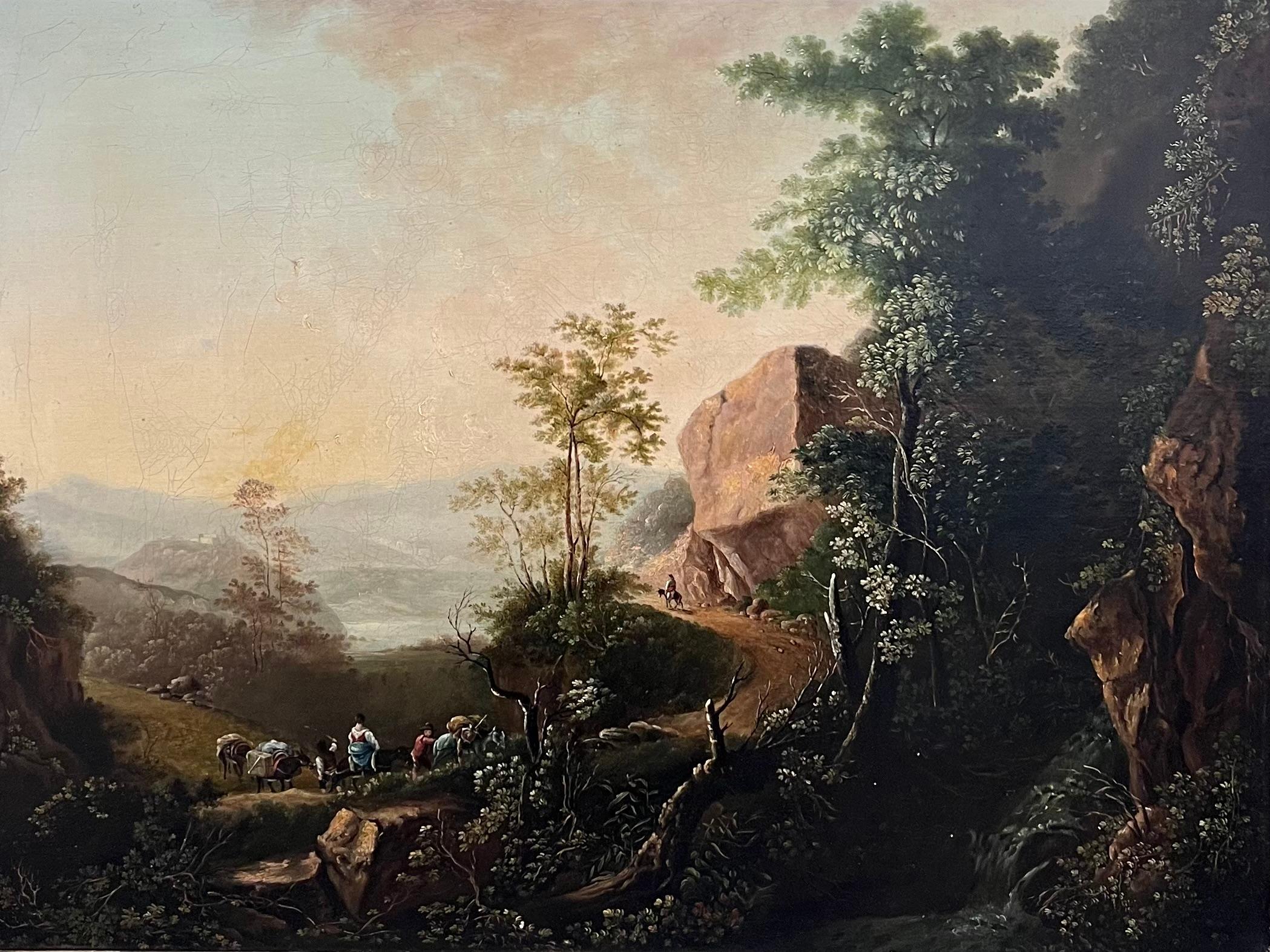 Grande dipinto a olio classico italiano del 1700 con figure in un paesaggio antico - Painting di Italian 1700's