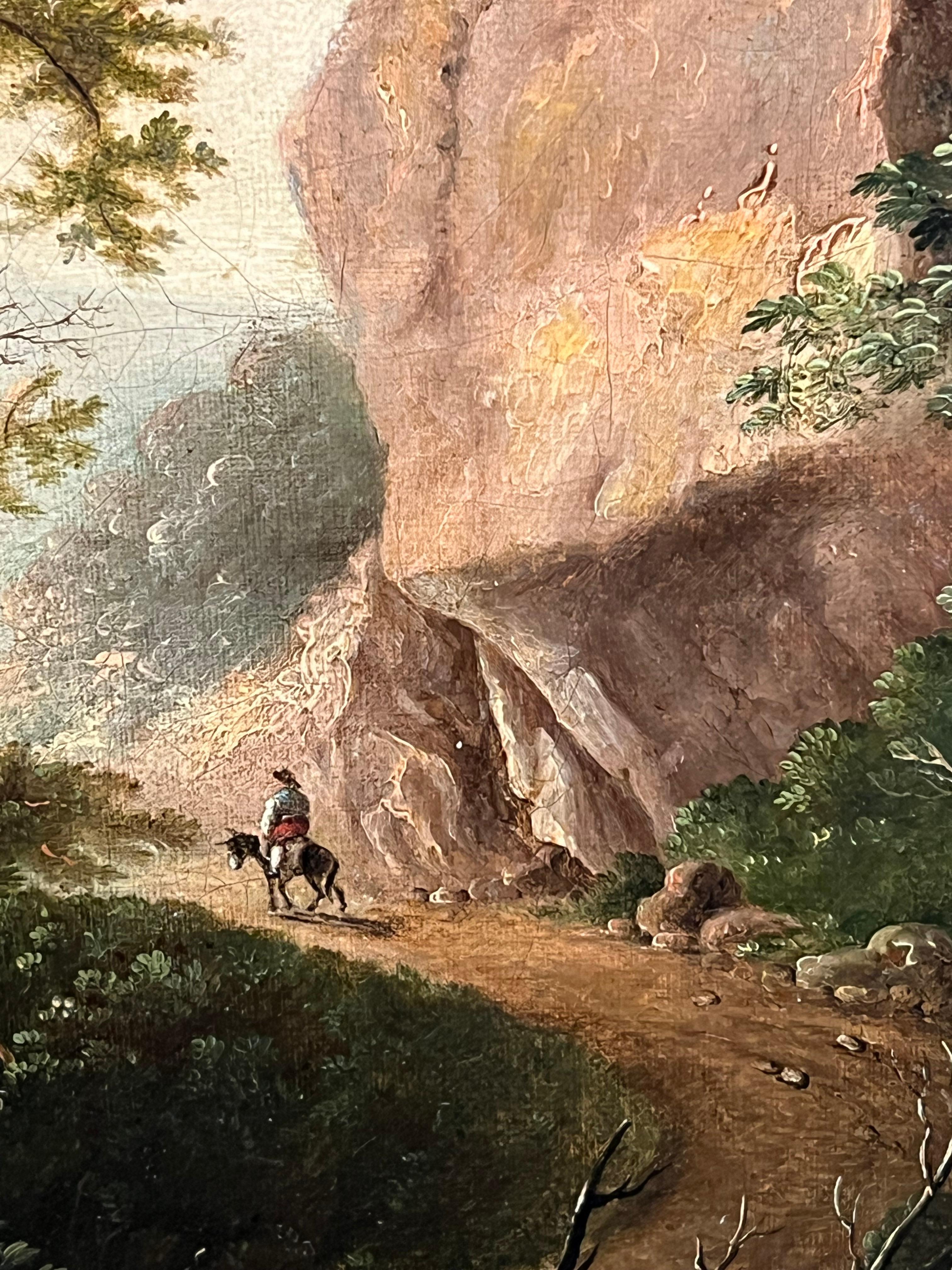 Grande dipinto a olio classico italiano del 1700 con figure in un paesaggio antico 1