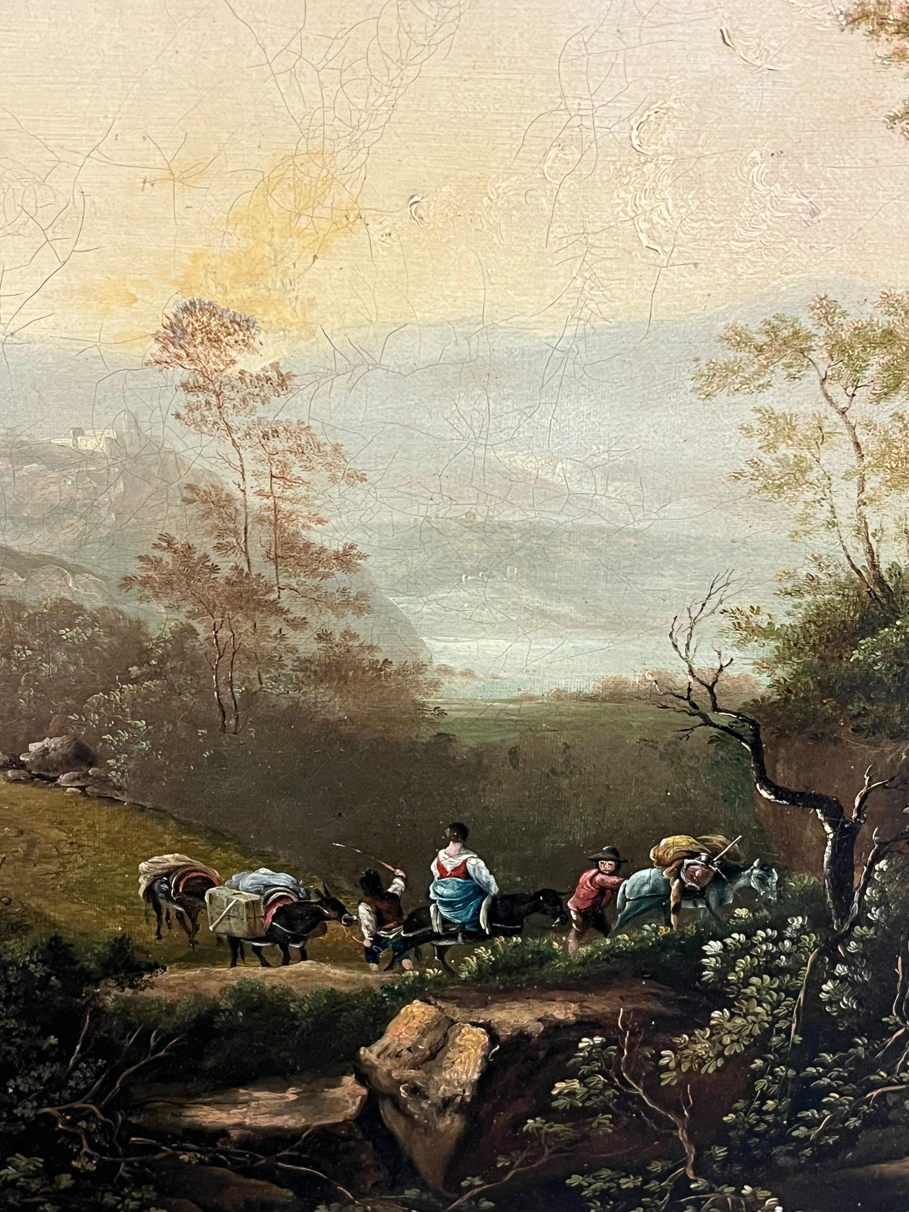 Grande dipinto a olio classico italiano del 1700 con figure in un paesaggio antico 2