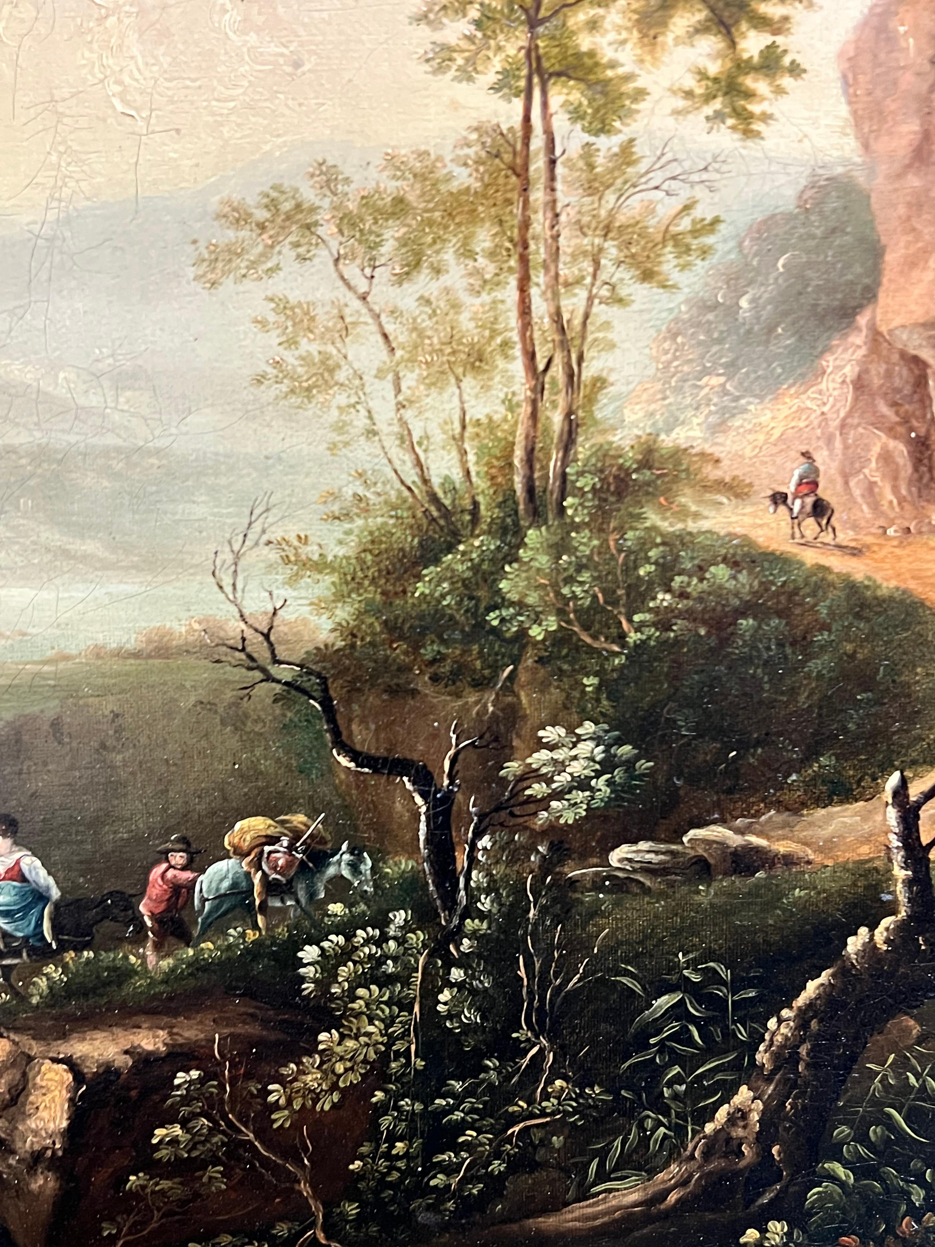 Grande dipinto a olio classico italiano del 1700 con figure in un paesaggio antico 5