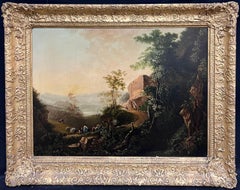 Grande dipinto a olio classico italiano del 1700 con figure in un paesaggio antico
