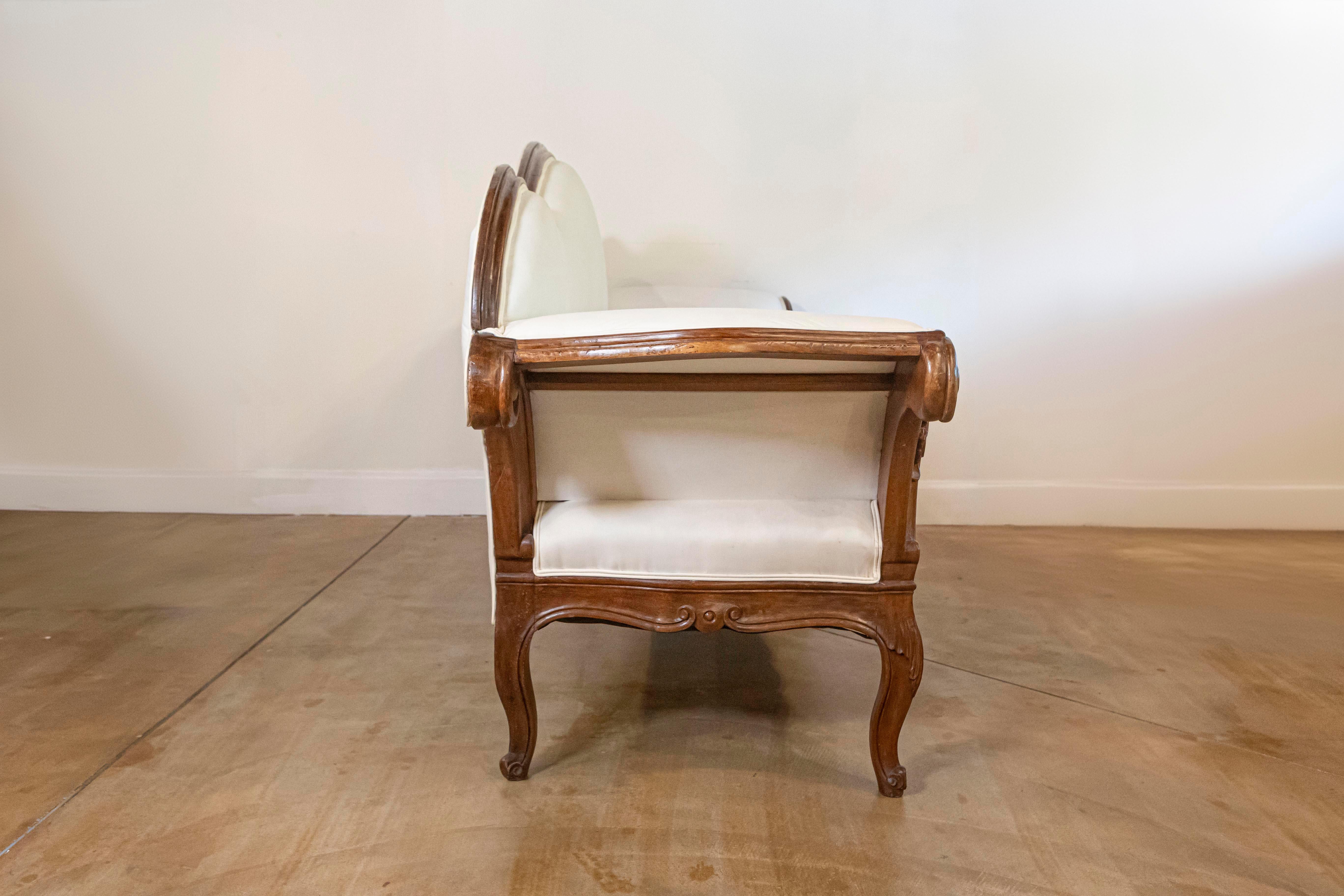 18th Century Italian 1750s Walnut Tripled Arched Sofa from Lombardy with New Upholstery For Sale
