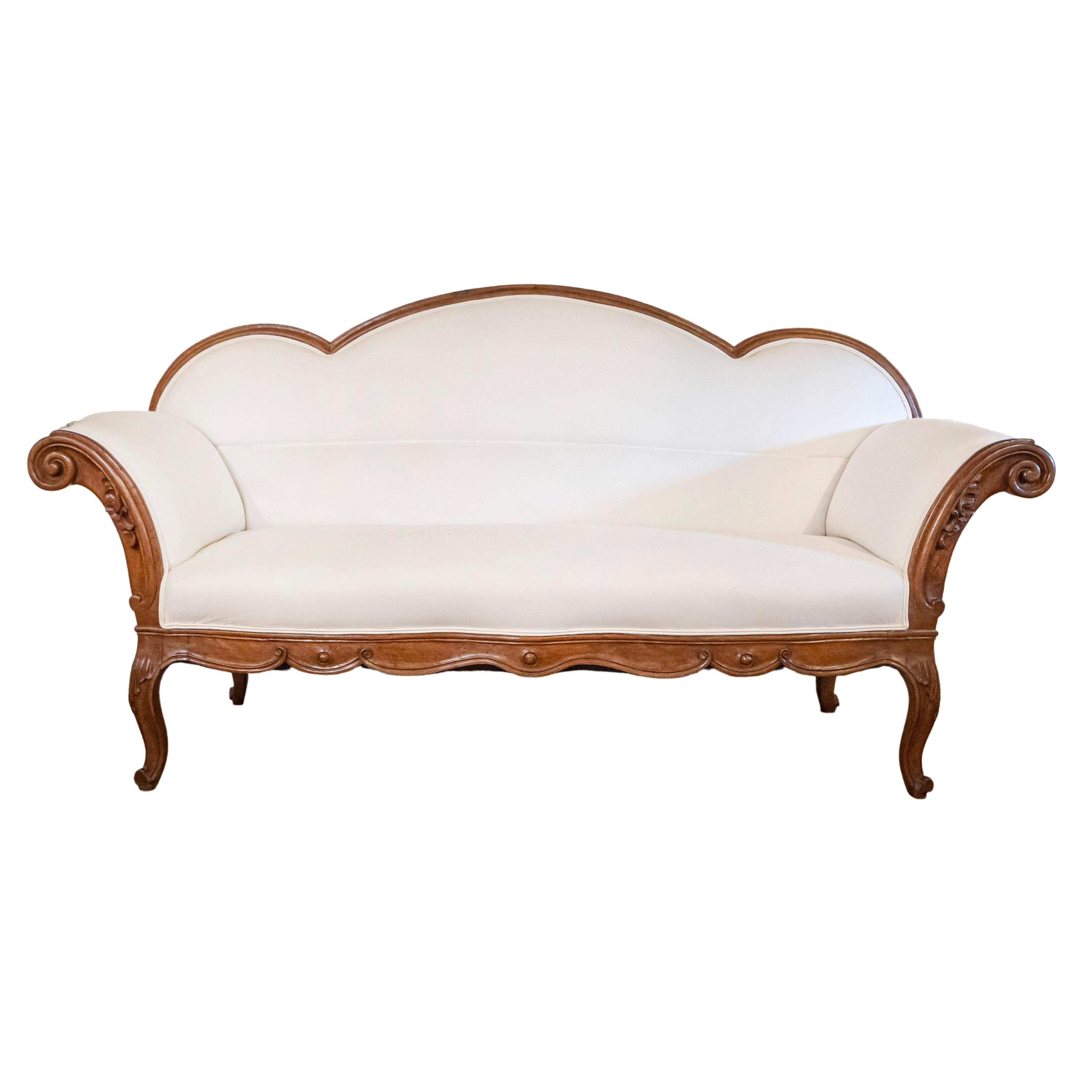 Italian 1750s Walnut Tripled Arched Sofa from Lombardy with New Upholstery