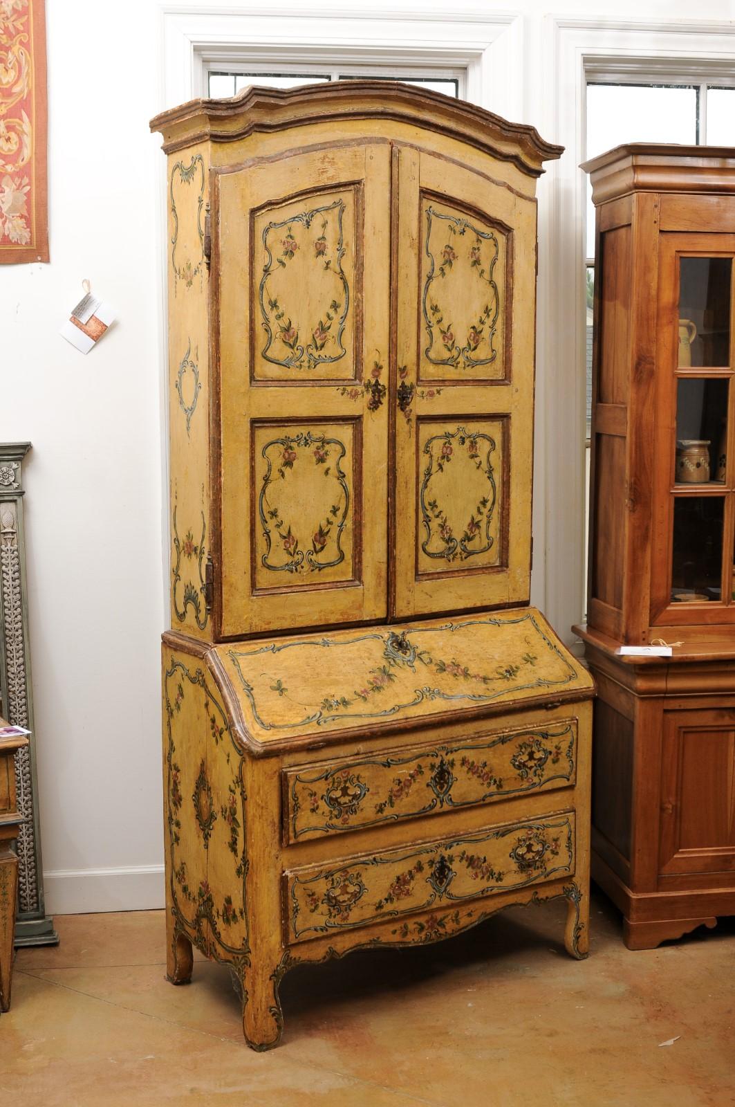 18th Century Italian 1760s Rococo Period Tall Secrétaire from Genoa with Hand Painted Décor