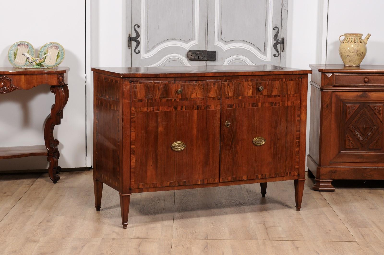 Inlay Italian 1780s Walnut and Mahogany Buffet with Cross Banding and Tapered Legs For Sale