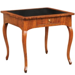 Italian 1780s Walnut Veneered Game Table with Black Leather Top and Drawer