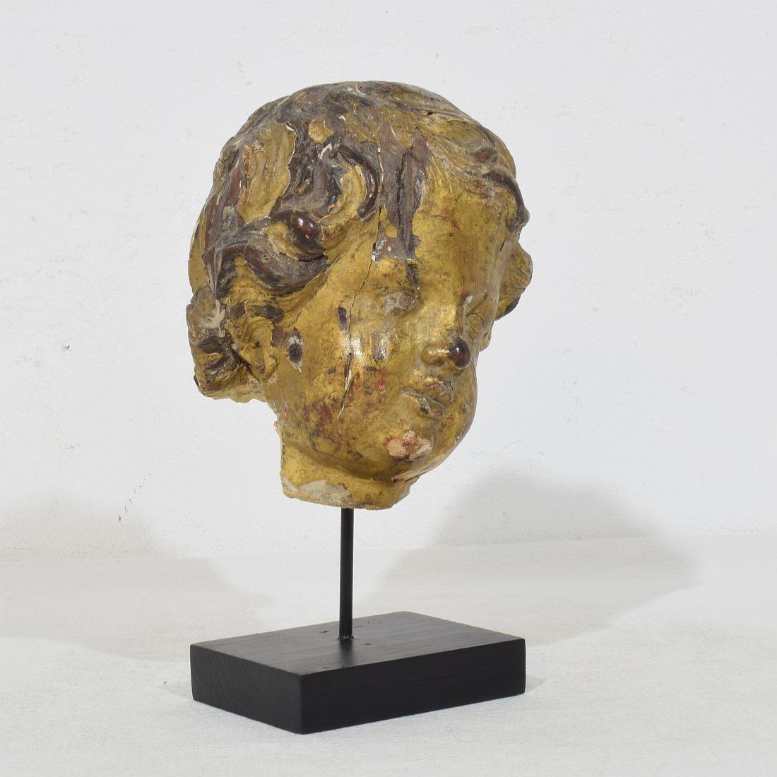Barocco Italian 17th 18th Century Carved Giltwood Baroque Angel Head in vendita
