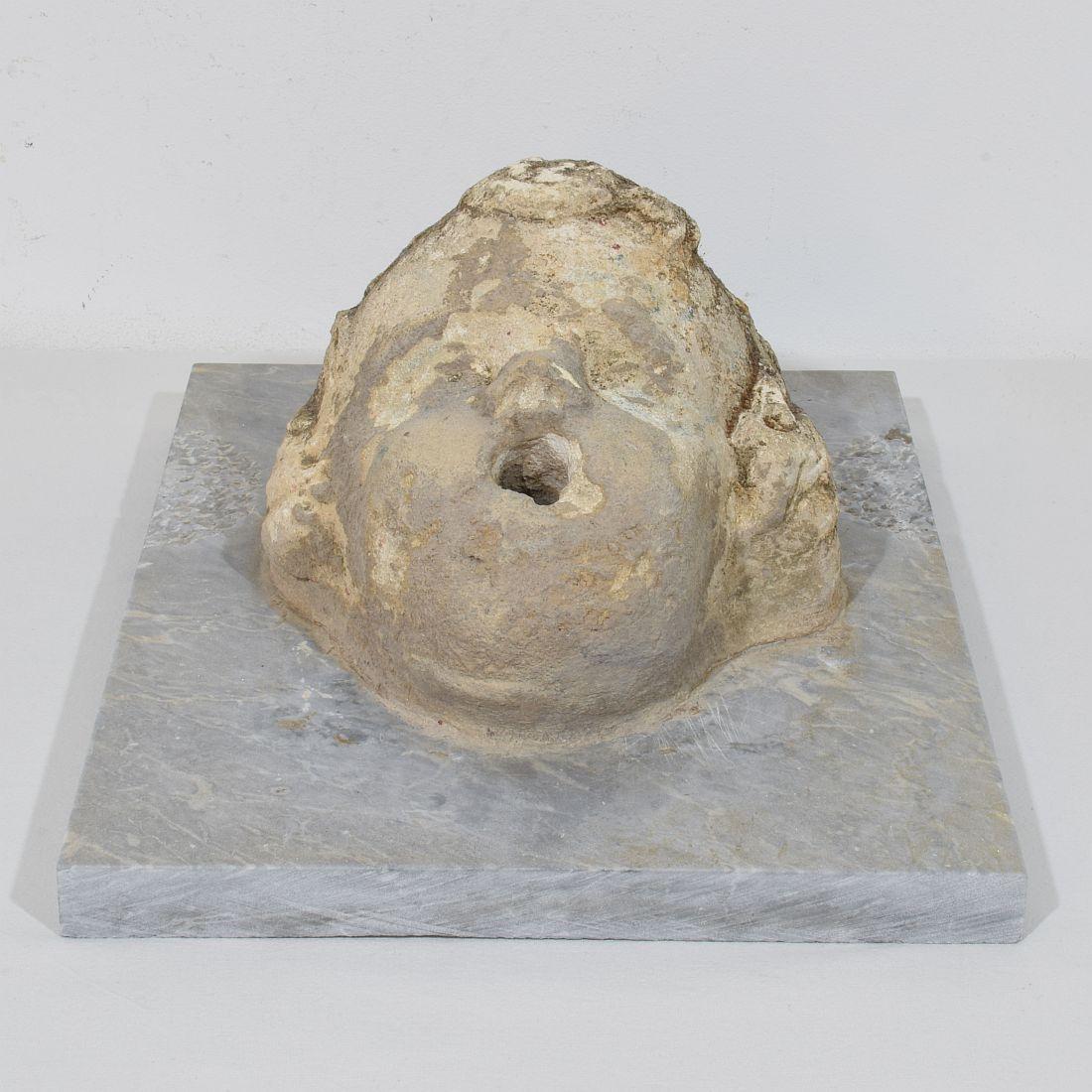 Testa di fontana di cherubino in pietra intagliata del XVII-XVIII secolo su pannello di marmo in vendita 8