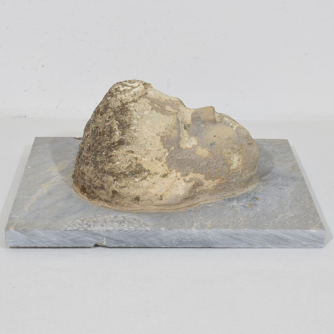 Testa di fontana di cherubino in pietra intagliata del XVII-XVIII secolo su pannello di marmo in vendita 9