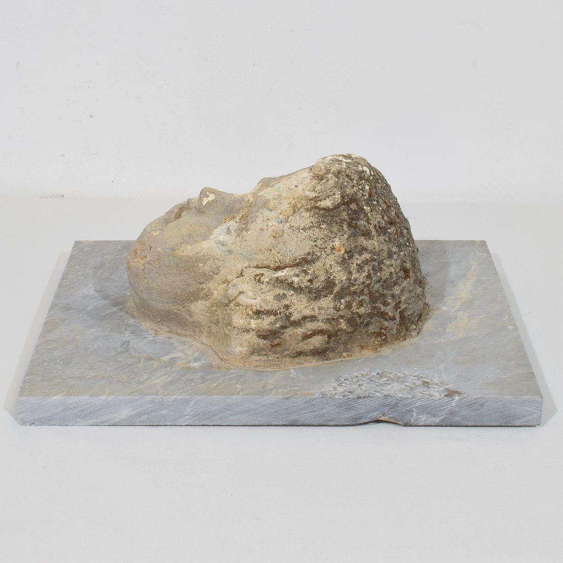 Testa di fontana di cherubino in pietra intagliata del XVII-XVIII secolo su pannello di marmo in vendita 11