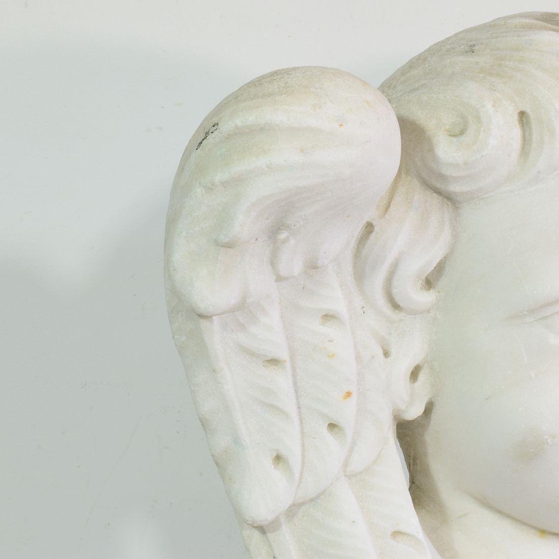 Italienische geschnitzte, geflügelte Engelskopf-Dekoration aus weißem Marmor, 17. / 18. Jahrhundert im Angebot 4