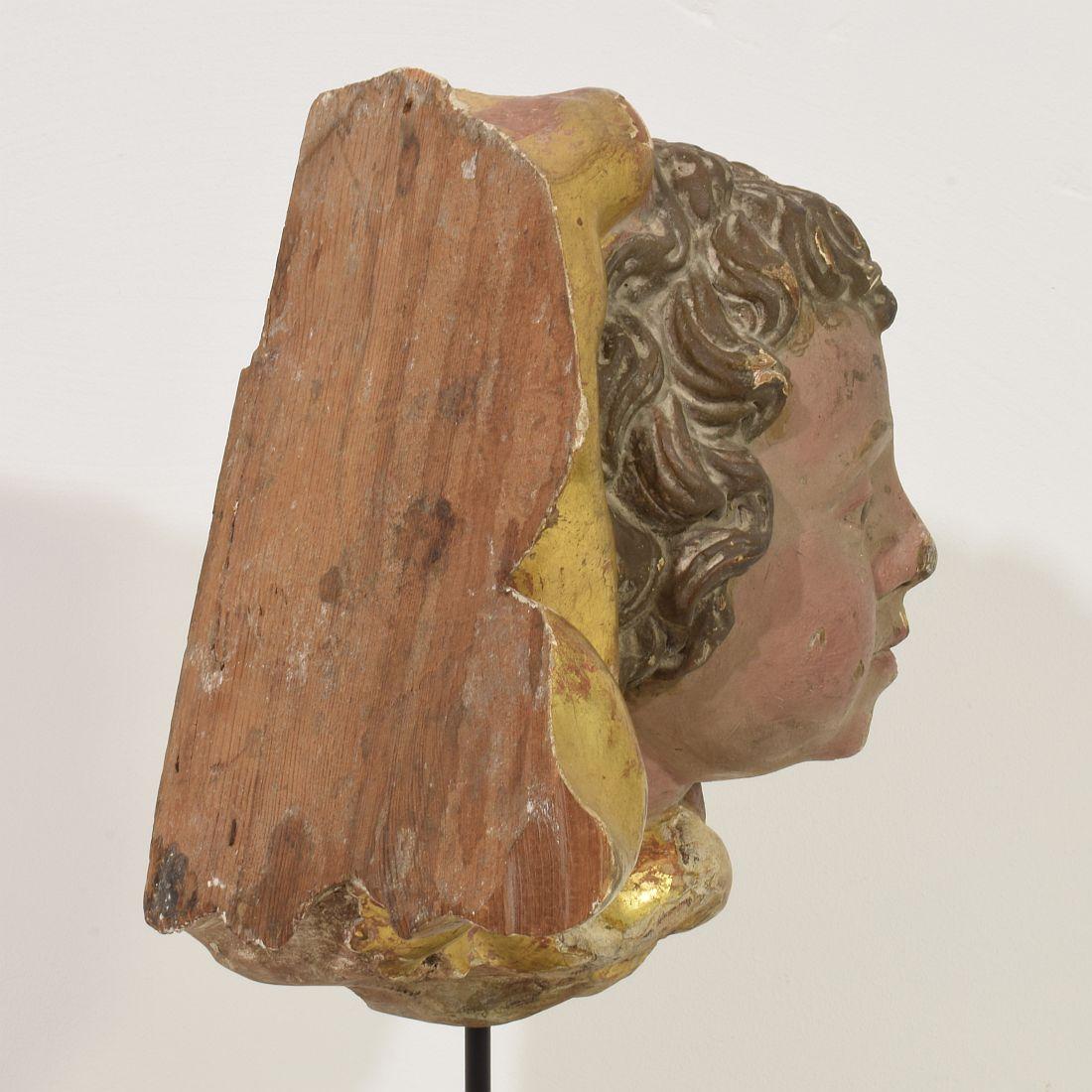 Italian 17th 18th Century Carved Wooden Baroque Angel Head Fragment 5