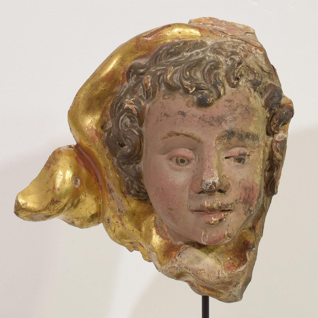 Italian 17th 18th Century Carved Wooden Baroque Angel Head Fragment 6