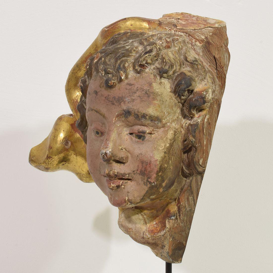 Italian 17th 18th Century Carved Wooden Baroque Angel Head Fragment 7