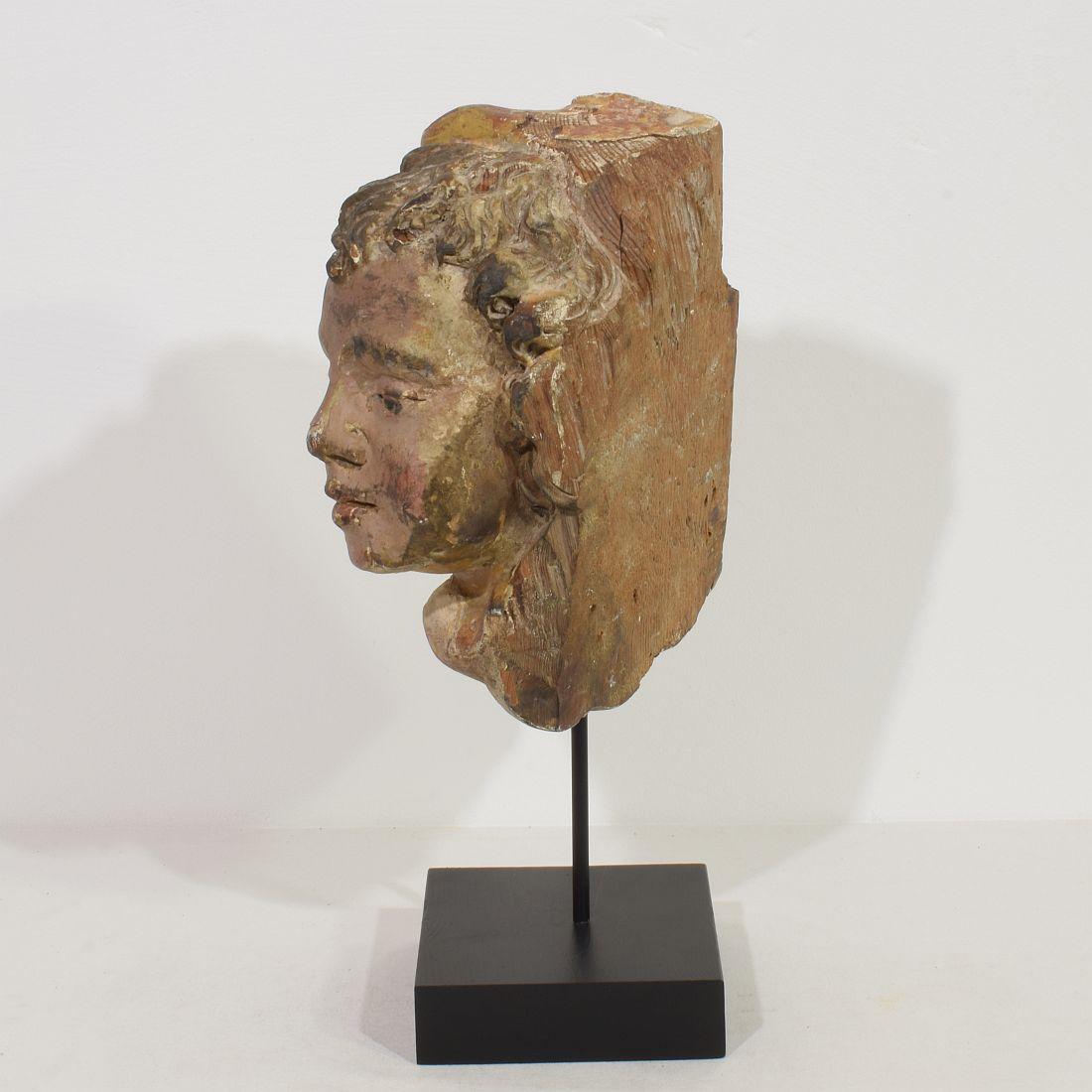 Italian 17th 18th Century Carved Wooden Baroque Angel Head Fragment 1