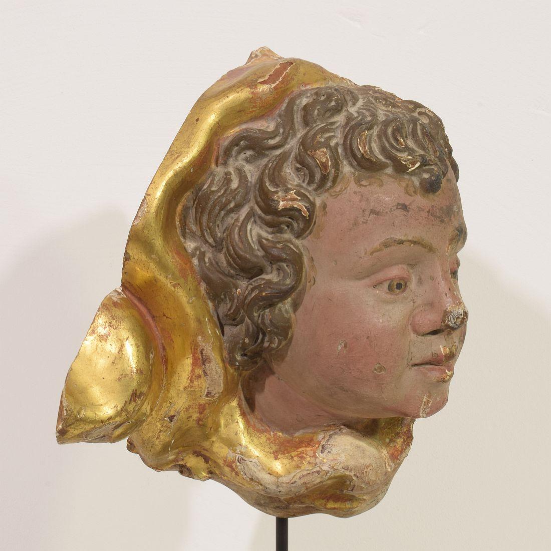 Italian 17th 18th Century Carved Wooden Baroque Angel Head Fragment 3
