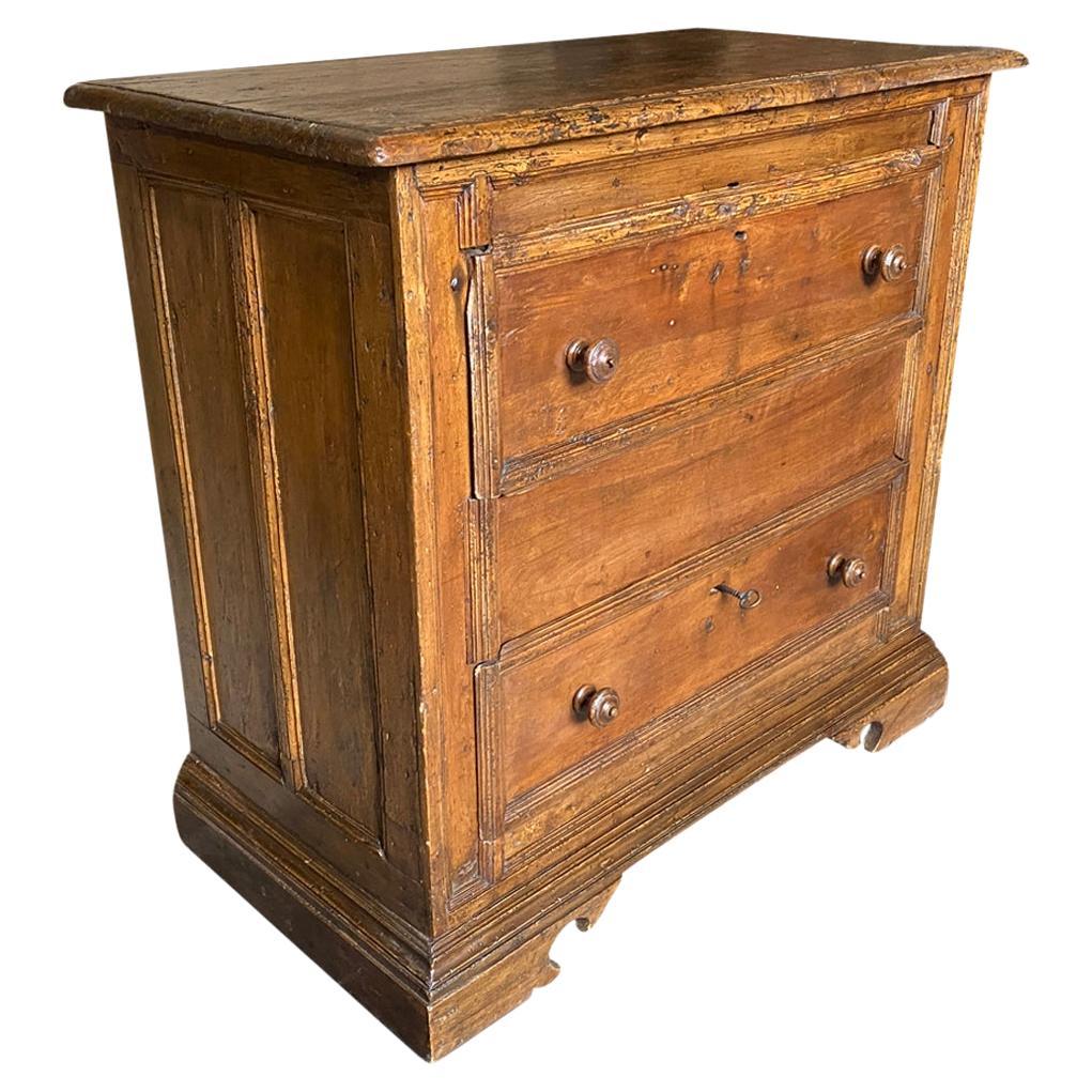 A terrific 17th century Arte Populaire Commode - Chest of Drawers from Northern Italy.  Wonderfully constructed from poplar and pine woods with 2 drawers, molded panel sides and raised on bracket feet.  Fabulous patina - warm and lustrous.