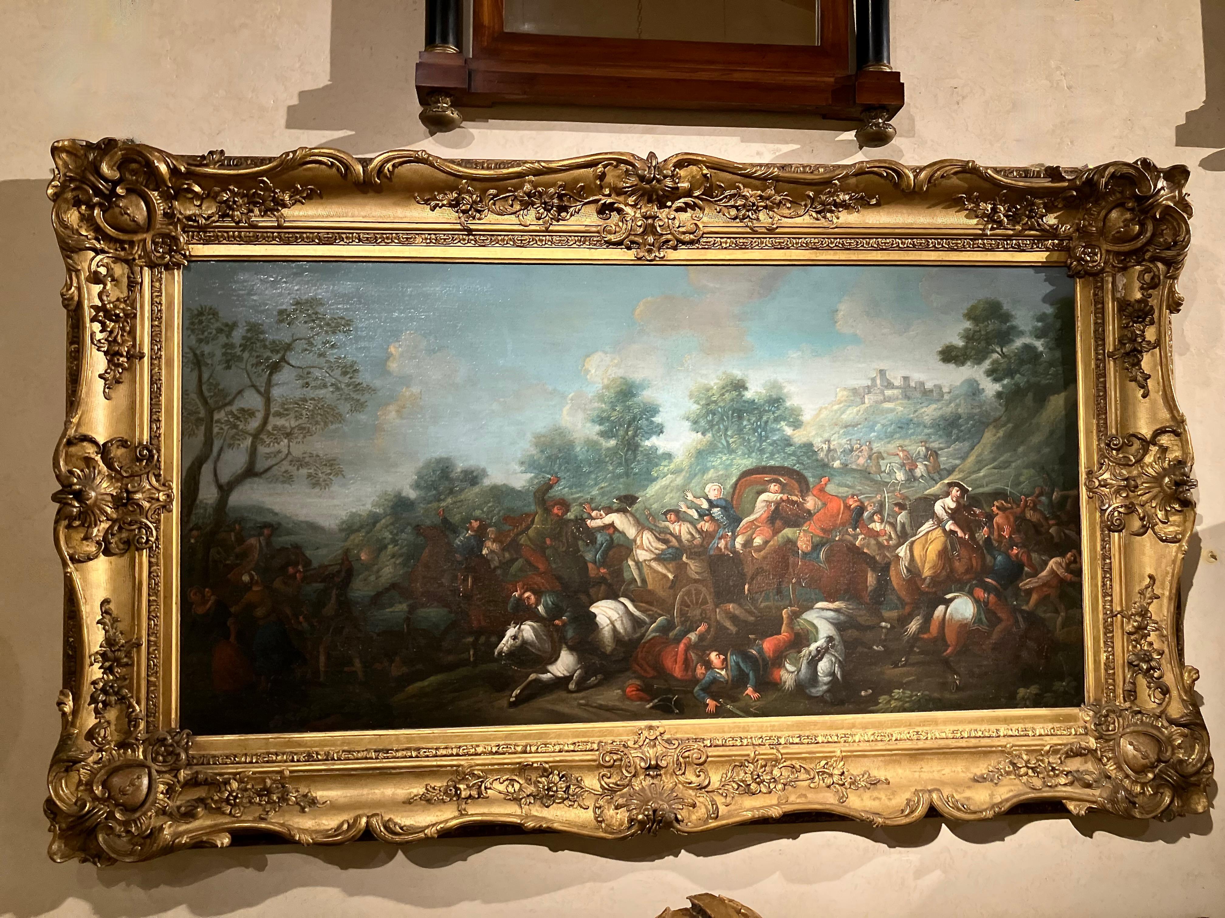 Italienisch 17. Jahrhundert Barock Schlacht Szene Öl auf Leinwand Gemälde Giltwood Frame im Angebot 5