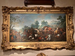Italian 17th Century Baroque Battle Scene Oil on Canvas Painting Giltwood Frame