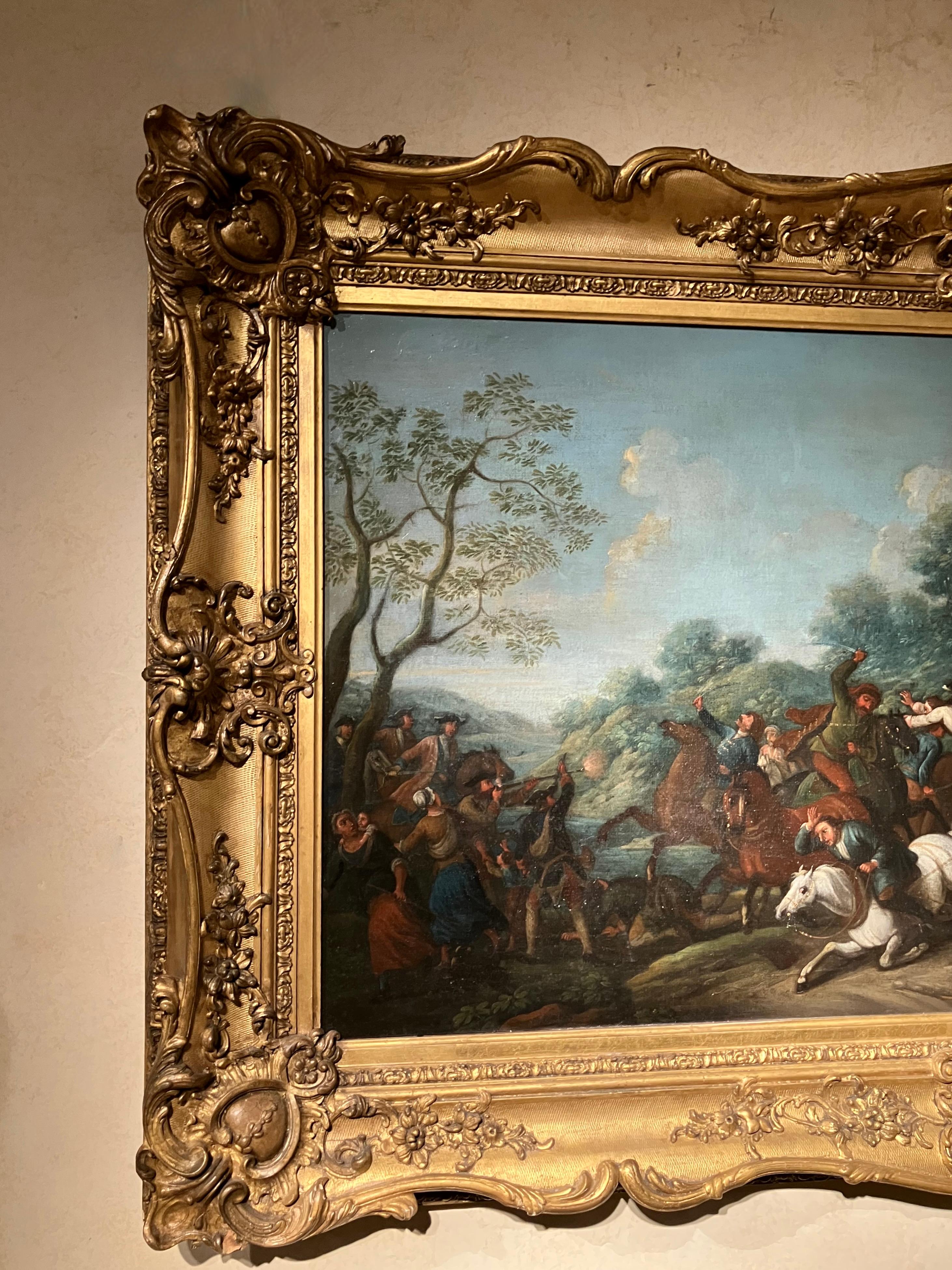 Italienisch 17. Jahrhundert Barock Schlacht Szene Öl auf Leinwand Gemälde Giltwood Frame (Handgeschnitzt) im Angebot