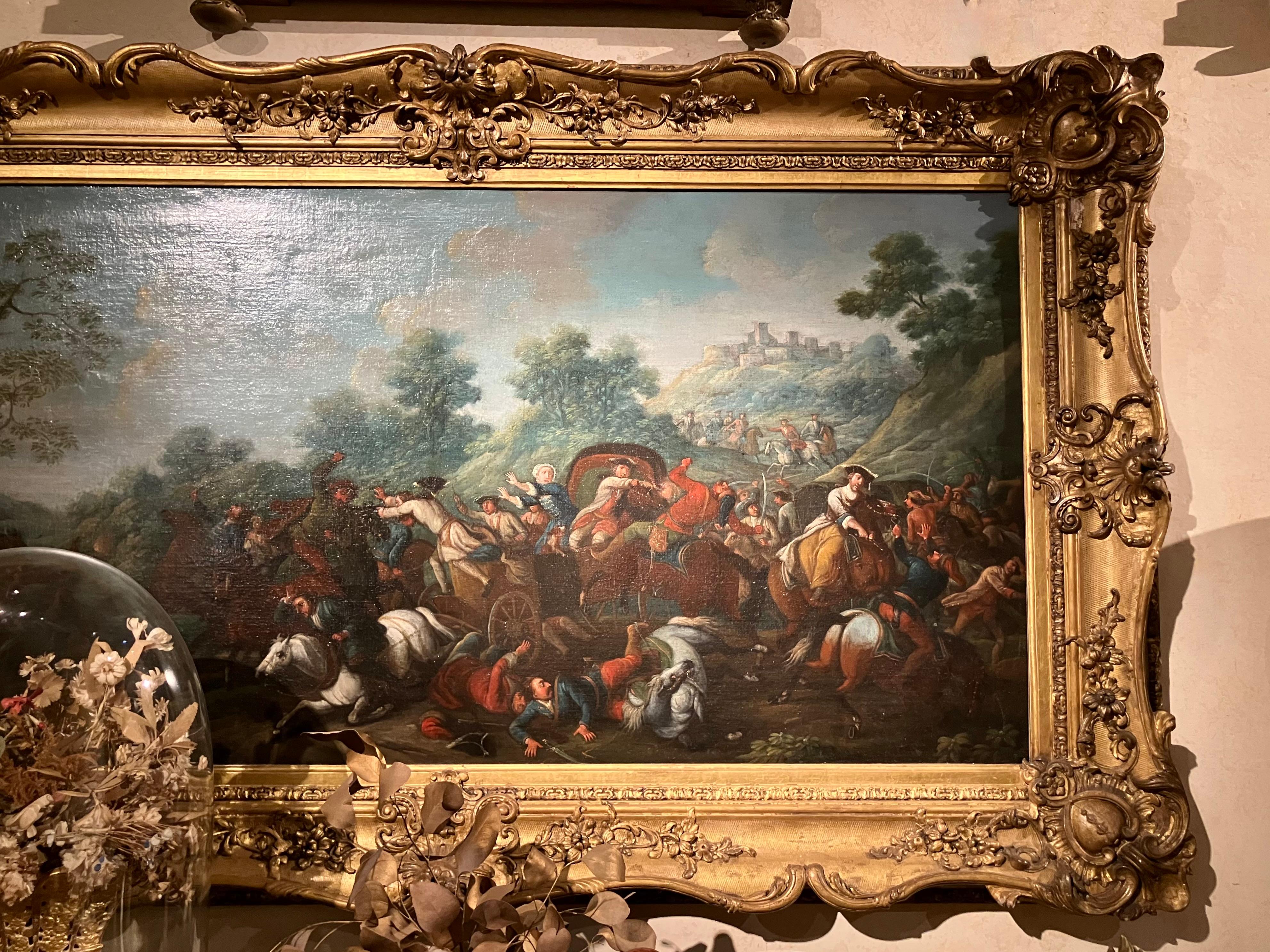 Italienisch 17. Jahrhundert Barock Schlacht Szene Öl auf Leinwand Gemälde Giltwood Frame (18. Jahrhundert und früher) im Angebot