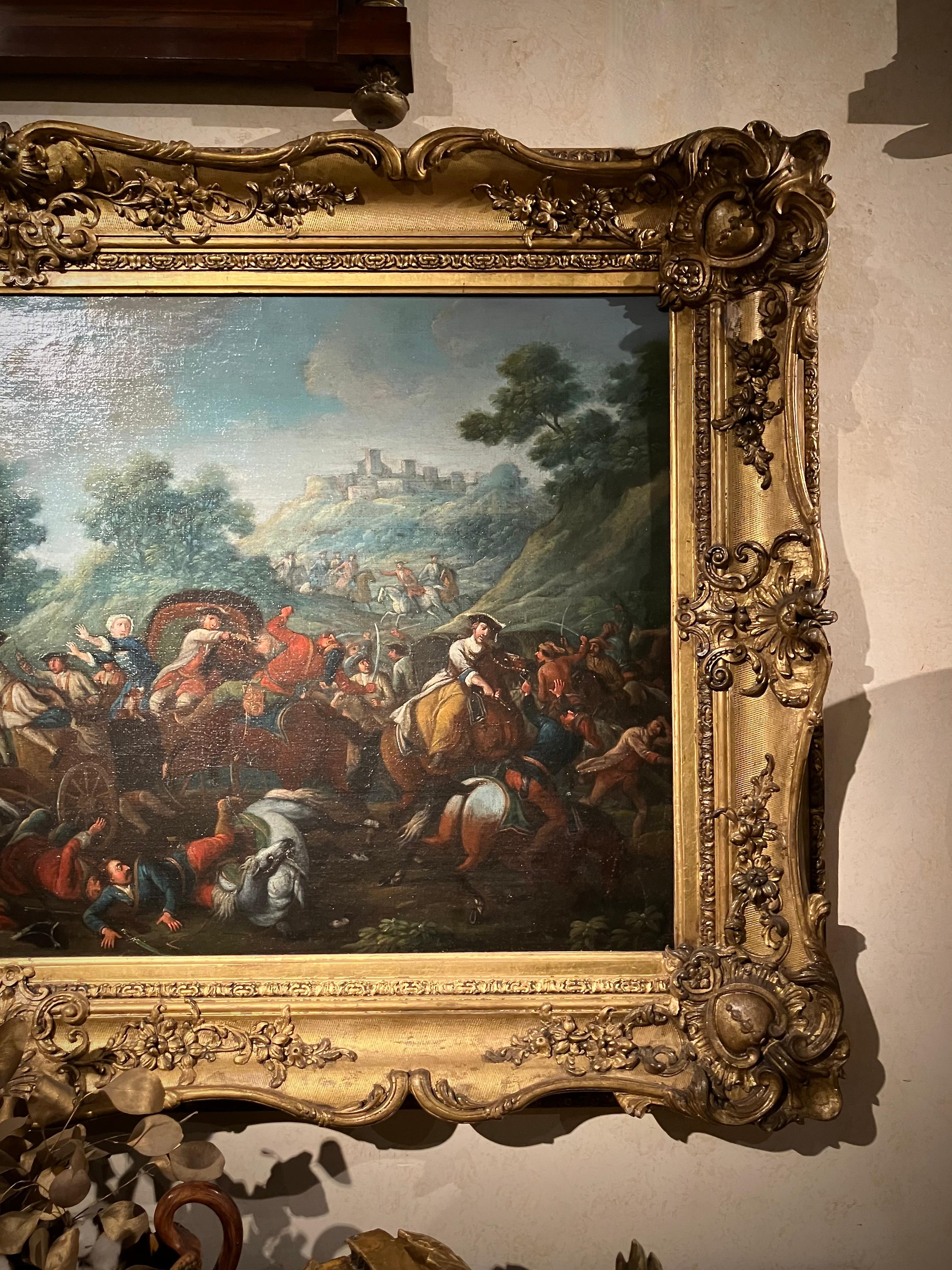 Italienisch 17. Jahrhundert Barock Schlacht Szene Öl auf Leinwand Gemälde Giltwood Frame im Angebot 1