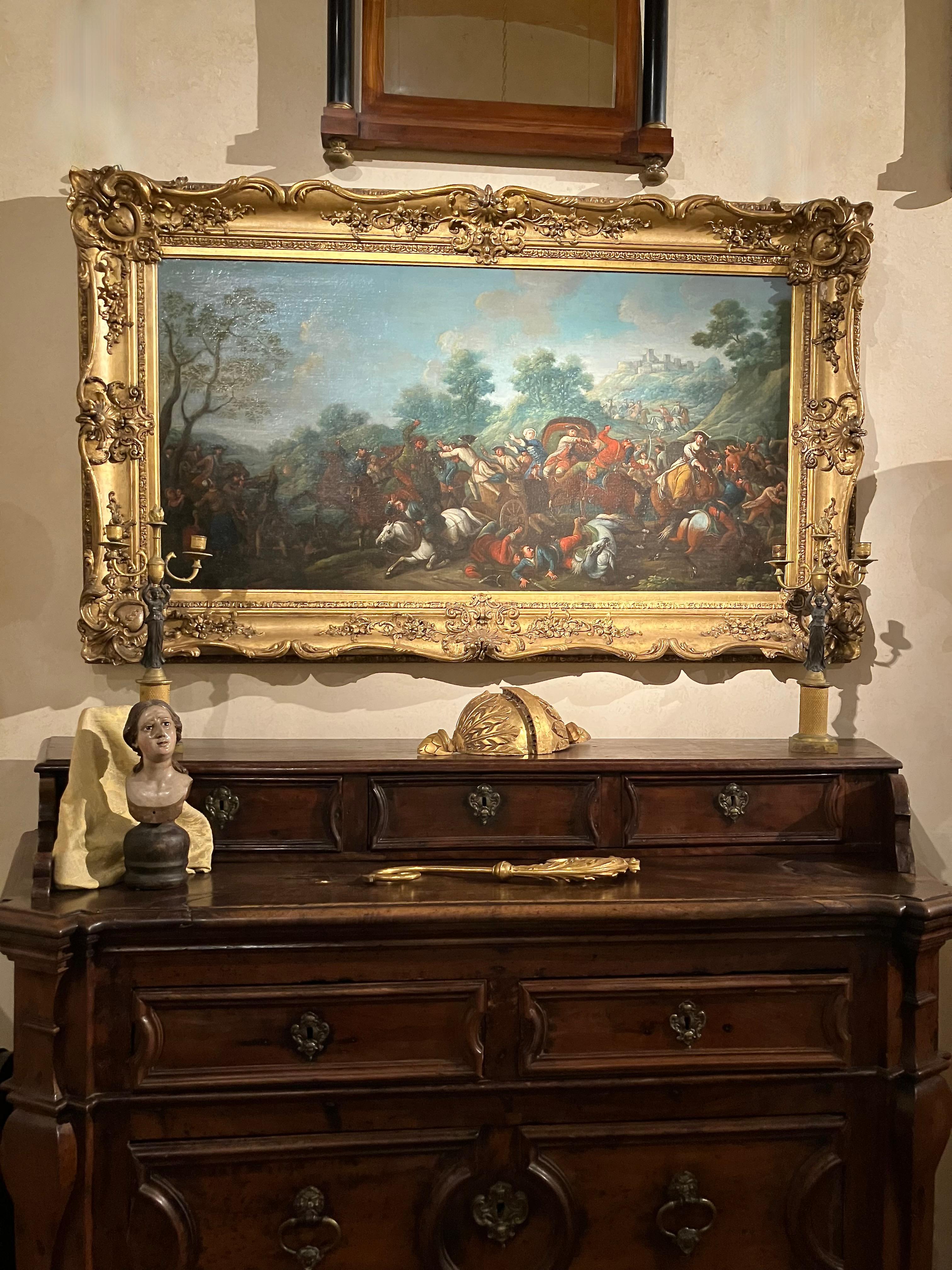 Italienisch 17. Jahrhundert Barock Schlacht Szene Öl auf Leinwand Gemälde Giltwood Frame im Angebot 2