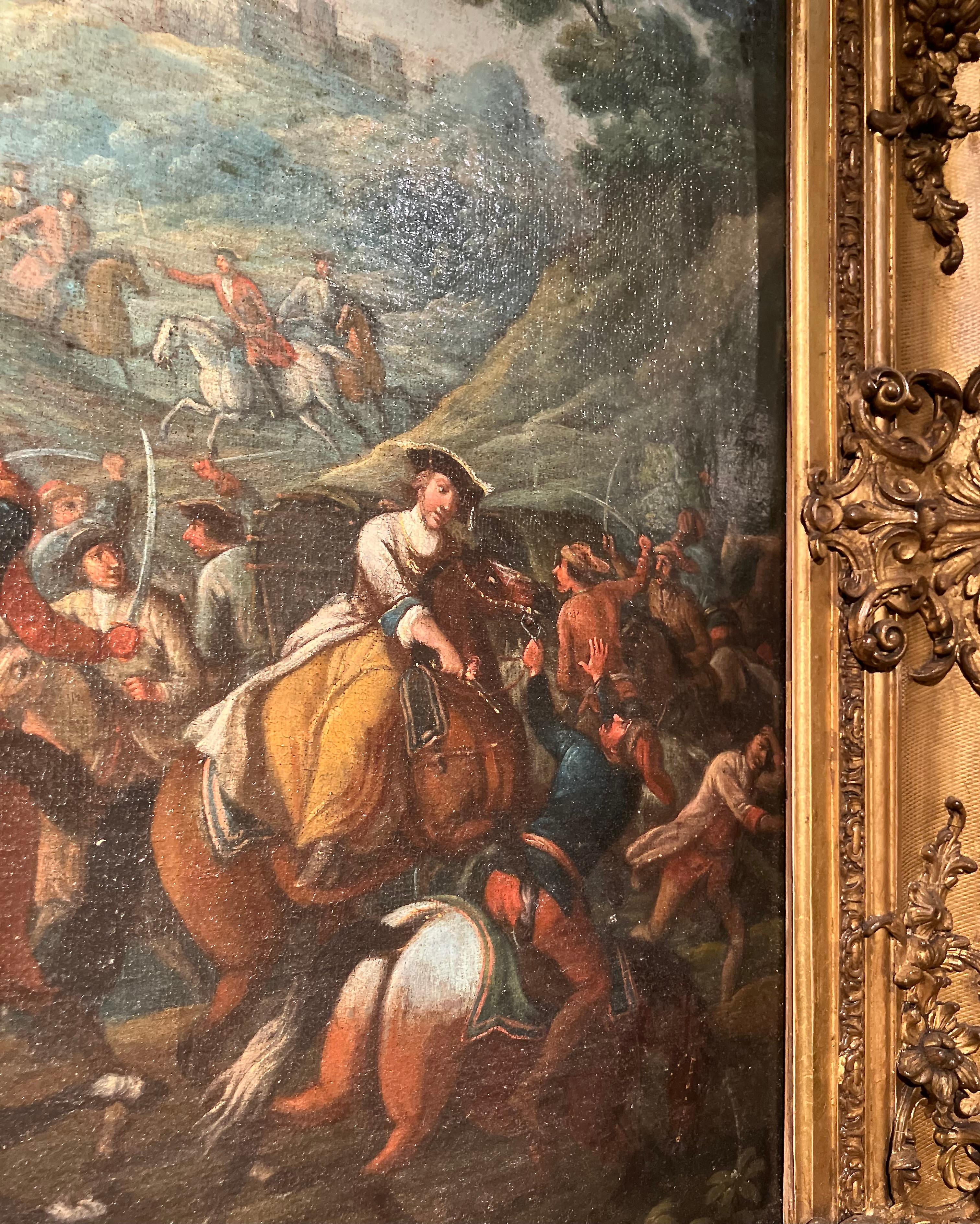 Italienisch 17. Jahrhundert Barock Schlacht Szene Öl auf Leinwand Gemälde Giltwood Frame im Angebot 4