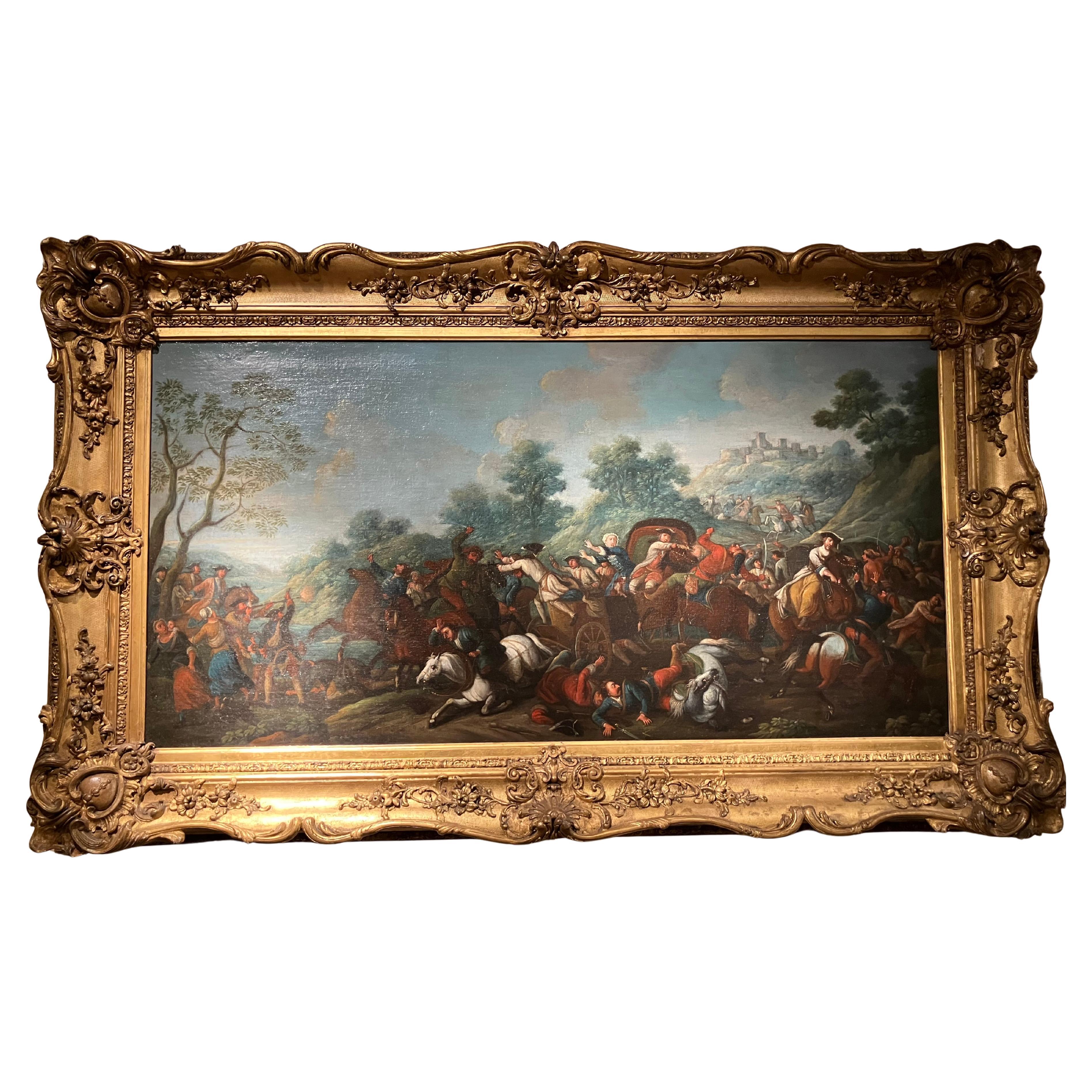 Scène de bataille baroque italienne du 17e siècle Huile sur toile Cadre en bois doré